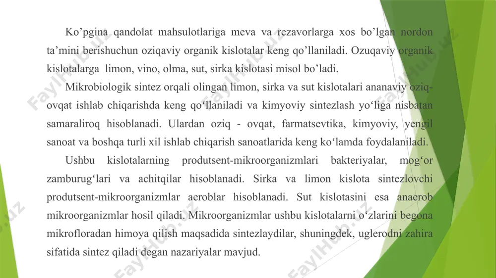 da va novvoylik sanoatida qo’llaniladi. oziqaviy sut kislotasi tarkibida uglevod mavjud xom ashyolarni deldryuk gomofermentativ sut kislotasi bakteriyalari (laktobacillus delbrueckii) yordamida bijg’itish yo’li bilan olinadi va suvli eritmadan iborat bo’ladi. bu bakteriyadan yogurt ishlab chiqarishda foydalaniladi sut kislotasini ham mikrobiologik ham kimyoviy sintez yoʻli bilan olish mumkin. sut kislotasi produtsenti moʻtadil rivojlanishi 48-500s haroratda kechadigan gomofermentativ termofil bakteriyalarga mansub boʻlgan bacterium dilruckii bakteriyasi hisoblanadi. sut kislotasi olish uchun xom-ashyo sifatida turli xil uglevodlar qoʻllanilishi mumkin. kislota ishlab chiqarishda, tarkibida glyukoza, saxaroza va maltoza saqlovchi xom-ashyolardan foydalaniladi. masalan, rossiyada sut kislotasi ishlab chiqarish uchun rafinadli qiyom (shakar-rafinad ishlab chiqarish qoldigʻi), melassa, kraxmal (makkajoʻxori va kartoshkaniki) va dastlabki qandlashtirilgan saloddan foydalaniladi. sut kislotasi ishlab chiqarishning texnologik jarayonlari anaerob sharoitda (havo tayyorlash bosqichi boʻlmaydi) va harorat koʻtarilishi holati kechishi bilan xarakterlanadi (zararli mikroflora bilan zararlanish xavfi pasayadi). bular sut kislotali bakteriyalarning termofilligi va anaerobligini koʻrsatadi. sut kislota ishlab chiqarish jarayoni quyidagi asosiy bosqichlardan …