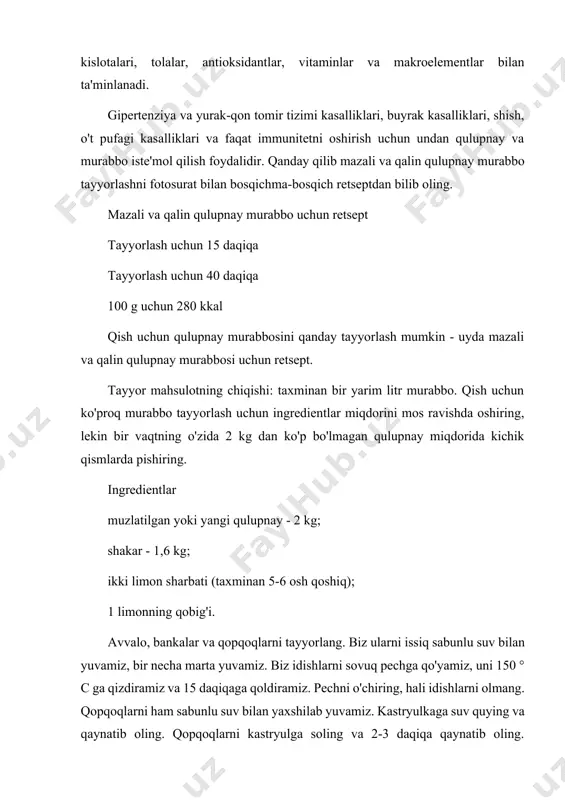 arini sig'imli tovada turgan holda simli panjara yoki sochiq ustiga qo'yamiz, shunda bankalar bir-biriga va panning chetiga tegmaydi. yelkagacha suv bilan to'ldiring va qaynatib oling. 10 daqiqa qaynatib oling. murabbo idishlarini idishdan ehtiyotkorlik bilan olib tashlang va darhol ularni metall qopqoq bilan o'rang. sochiq bilan o'rang va xona haroratida to'liq sovutish uchun qoldiring, taxminan 12 soat. jelatinli qulupnay murabbosi mazali va qalin bo'ladi - bosqichma-bosqich fotosurat bilan retsept ushbu retsept bilan bosqichma-bosqich fotosuratlar uyda qish uchun juda mazali va qalin qulupnay murabbosini qanday tayyorlashni aytadi. bu erda shakar odatdagidan kamroq ishlatiladi va kompozitsiyaga kiritilgan jelatin tufayli elastik mustahkamlikka erishish mumkin. u barcha komponentlar uchun o'ziga xos bog'lovchi bo'lib xizmat qiladi va tuzilishga yoqimli marmelad zichligini beradi. murabbo issiq bo'lsa-da, u suyuq va suyuq bo'lib chiqadi, lekin bu siz qo'rqmasligingiz kerak bo'lgan noto'g'ri taassurotdir. jelatin bilan mazali qalin qulupnay murabbo tayyorlash uchun ingredientlar · qulupnay - 2 kg · granüllangan shakar …