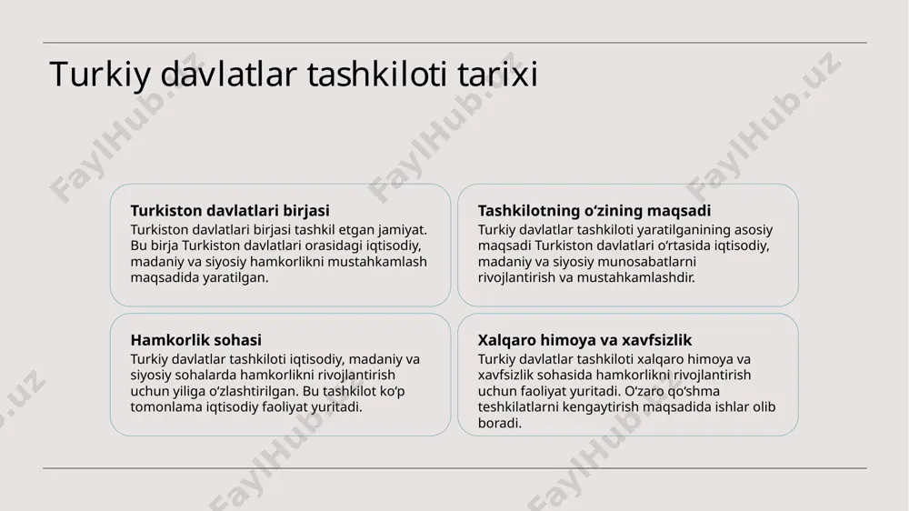 aydilar. turkiy davlatlar tashkiloti: boshqa muhim sohalar turkiy davlatlar tashkiloti boshqa muhim sohalar bo'yicha hamkorlikni rivojlantirish maqsadida, iqtisodiyot, madaniyat va xavfsizlik sohalarida birgalikda ishlashni ko'rsatadi. keyingi muhim sohalar: - iqtisodiy ishtirok - madaniyat almashtirish - xavfsizlikni ta'minlash photo by scott precious on unsplash turkiy davlatlar tashkiloti: tarixiy o‘zgarishlar 1 tarixiy asoslar - turkiy davlatlar tashkiloti, tarixiy ravishda turk xalqlarining hamkorlik tarixiga oid o‘zgarishlarni o‘rganishga imkon beradi. 2 hamkorlikning kuchayishi - tashkilot, turk dunyosidagi mamlakatlar orasidagi hamkorlikni yanada kuchaytirish bilan bog‘liq strategiyalarni amalga oshiradi. 3 iqtisodiy integratsiya - turk xalqlari o‘rtasidagi iqtisodiy munosabatlar va integratsiyani kengaytirish orqali iqtisodiy rivojlanishga yordam beradi. 4 madaniyat almashtirishi - turkiy davlatlar tashkiloti, turk dunyosining madaniy boyliklarini oshirish, o‘zaro aloqalarni rivojlantirish va madaniy almashtirishni qo‘llab-quvvatlaydi. turkiy davlatlar tashkiloti: xalqaro hamkorlik 1 xalqaro hamkorlikning maqsadi turkiy davlatlar tashkiloti yaratilgan maqsadlari o'zida turk tilida so'zlashuvchi davlatlarning hamkorlikni rivojlantirishni o'z ichiga olgan. 2 o'zbekiston va turkiy davlatlar tashkiloti o'zbekiston …