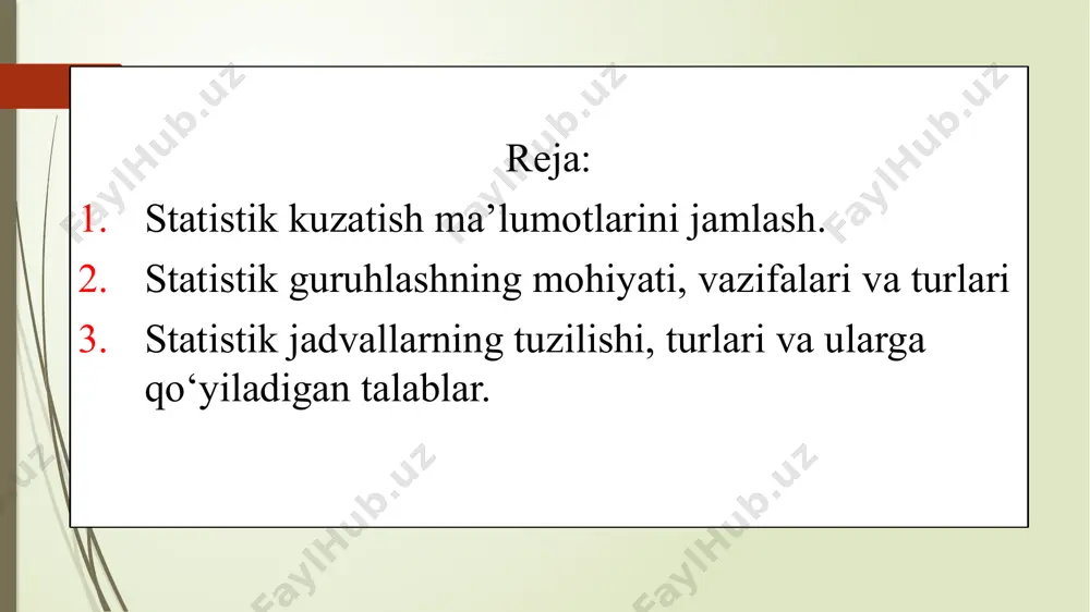 k markazga - davlat statistika organlariga yuboriladi statistik guruhlash deb hodisa va jarayonlarni har tamonlama, chuqur o‘rganish uchun kuzatish to‘plami ma’lumotlarini muxim belgilariga qarab guruhlarga ajratishdir. masalan korxonalarni mulkchilik asosiga ko‘ra davlat, jamoa, aksiyadorlik, qo‘shma, xususiy; samaradorlik darajasiga qarab (yaxshi, o‘rta va qoloq) guruhlarga ajratish mumkin. ma’lumotlarni guruhlashda eng avvalo guruhlash belgisi va oralig‘i aniqlab olinadi. guruhlash belgisi deyilganda guruhlash uchun asos qilib olingan belgi tushiniladi. guruhlash uchun asos qilib kuzatish oldiga maqsad va vazifa qilib qo‘yilgan hodisa va jarayonlarning mohiyatini to‘liq ifodalab beruvchi, zamonaviy ijtimoiy-iqtisodiy ko‘rsatkichlar mazmunini yoritib bera oladigan belgilar olinadi. statistik jamlash bir qancha bosqichlarda amalga oshiriladi va quyidagi elementlarni o'z ichiga oladi: to'plangan ma'lumotlarni qayta ishlash rejasi va dasturi tuziladi. to'plam birliklari o'rganilayotgan belgi bo'yicha guruhlarga ajratiladi har bir guruh va umumiy to'plam bo'yicha jamlab chiqariladi. natijalar statistik jadvallarga joylashtiriladi va grafiklarda tasvirlanadi jamlash va guruhlash statistik to‘plamlar tuzish va ularni chegaralash bilan uzviy bog‘langan bo‘lib, …
