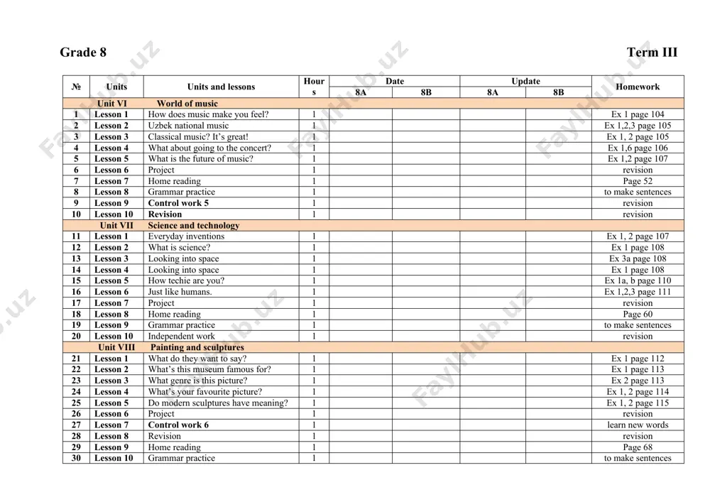 grammar practice 1 to make sentences grade 8 term iv № units units and lessons hours date update homework 8a 8b 8a 8b unit ix the environment 1 lesson 1 mother nature 1 ex 1 page 116 2 lesson 2 mother nature 1 ex 2 page 116 3 lesson 3 what are the alternative sources to fossil fuels? 1 ex 1 page 116 4 lesson 4 our green planet 1 ex 1 page 117 5 lesson 5 our green planet 1 ex 2 page 117 6 lesson 6 global climate change 1 ex 1,2,3 page 117 7 lesson 7 how can we help improve the world? 1 ex 1 page 117 8 lesson 8 project 1 revision 9 lesson 9 home reading 1 page 76 10 lesson 10 grammar practice 1 to make sentences 11 lesson 11 control work 7 1 learn new words 12 lesson 12 revision 1 revision …