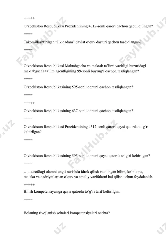 nechta rivojlantiruvchi markazlar mavjud? ==== shaxsni shakllantiruvchi omillar qaysi qatorda keltirilgan? ==== tarbiya turlari qaysi qatorda to‘g‘ri keltirilgan? ==== “onalar maktabi” nomli kitob muallifi qaysi qatorda keltirilgan? ==== pedagogning o‘z ustida ishlash sifati qaysi qatorda to‘g‘ri keltirilgan? ==== kompetentlik sifatlari qaysi qatorda to‘g‘ri keltirilgan? ==== f. frebel nechta “tuhfalar”ni taklif etgan?