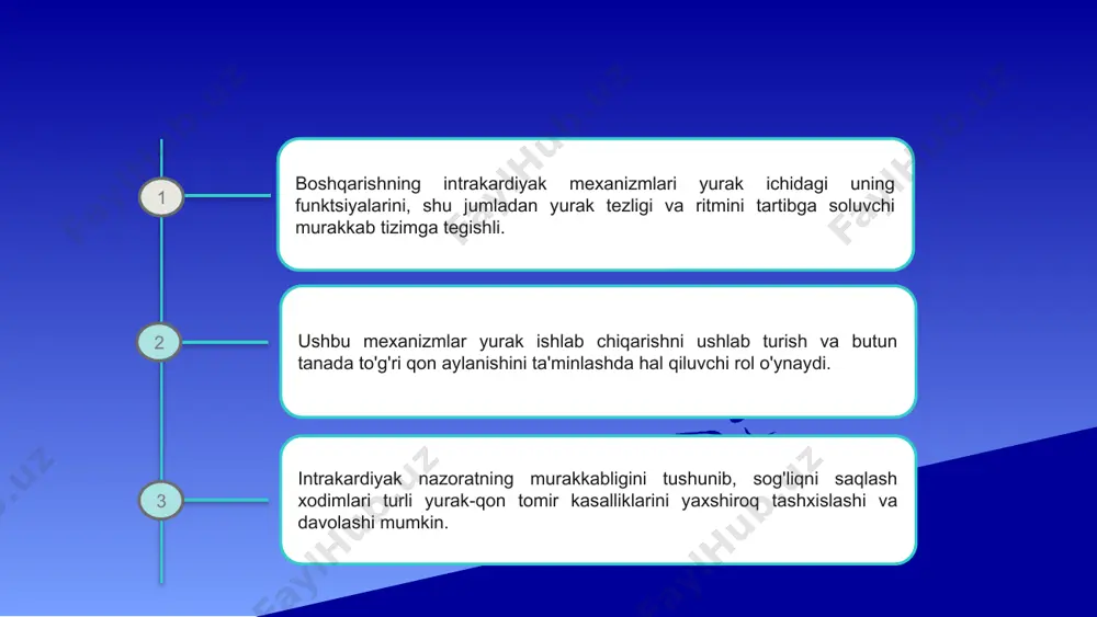o'g'ridan-to'g'ri ta'sirlardan tashqari, simpatik faollashuv buyrak usti bezidan epinefrinning chiqarilishini ham oshiradi, yurak faoliyatini yanada kuchaytiradi. parasempatik asab tizimining yurak faoliyatini tartibga solish parasempatik asab tizimi yurak ichidagi mexanizmlar orqali yurak ustidan nazoratni amalga oshiradi. u atsetilxolinni sinoatriyal va atrioventrikulyar tugunlarga chiqarish orqali yurak tezligi va kontraktiliyasini tartibga soladi. bu yurak urish tezligi va o'tkazuvchanlik tezligining pasayishiga olib keladi, natijada yurak faoliyati sekinlashadi. yurak faoliyatini nazorat qilishda avtonom nerv tizimining roli avtonom nerv sistemasi yurak faoliyatini boshqarishda hal qiluvchi rol o'ynaydi. u ikkita asosiy tarmoqdan - simpatik va parasimpatik tarmoqlardan iborat. bu shoxlar yurak tezligini, o'tkazuvchanligini va qisqarishini tartibga solish uchun qarama-qarshi ishlaydi. yurak funktsiyasini neyrohormonal nazorat qilish boshqarishning intrakardial mexanizmlari neyrohormonlar va yurak o'rtasidagi o'zaro ta'sir orqali yurak faoliyatini tartibga solishni o'z ichiga oladi. neyrohormonal nazorat yurak chiqishi va qon tomir qarshiligi muvozanatini saqlashda hal qiluvchi rol o'ynaydi. muhim neyrohormonal yo'llardan biri renin-angiotensin-aldosteron tizimi bo'lib, qon hajmini va tomir …