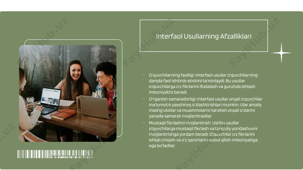 o'z fikrlarini bildirishga va bir-birlari bilan muloqot qilishga imkoniyat yaratish orqali, bilimlarni yanada chuqurroq o'zlashtirishga erishadilar. vaqtni talab qilishi interfaol darslar tayyorlash va o'tkazish uchun ko'proq vaqt talab etadi. o'qituvchilar darsni rejalashtirishda, o'quvchilarni faol jalb qilish uchun turli xil resurslar va materiallardan foydalanishlari kerak, bu esa tayyorgarlik jarayonini murakkablashtirishi mumkin. yangi texnologiyalarni qo'llash interfaol metodlar yordamida yangi texnologiyalar va o'qitish vositalarini qo'llash imkoniyatlari mavjud. masalan, onlayn platformalar orqali o'quvchilar o'z bilimlarini baham ko'rishlari va o'zaro fikr almashishlari mumkin. bu esa ta'lim sifatini oshiradi va o'quvchilarning o'z-o'zini o'rganish qobiliyatini rivojlantiradi. uzoq muddatli samara yo'qligi interfaol metodlar uzoq muddatda samarali bo'lishi uchun o'qituvchilar va o'quvchilar o'rtasida kuchli aloqalarni talab qiladi. agar o'quvchilar ushbu metodlarga moslashishga qiyinchilikka duch kelsalar, bu darslarning samaradorligini pasaytirishi mumkin. s w o t interfaol faoliyatlarni rejalashtirish jarayoni rejalashtirishning maqsadi interfaol faoliyatlarni rejalashtirish o'quv jarayonini samarali tashkil etish uchun zarur. bu, o'quvchilarni faol ishtirok etishga undaydi va ularning motivatsiyasini …