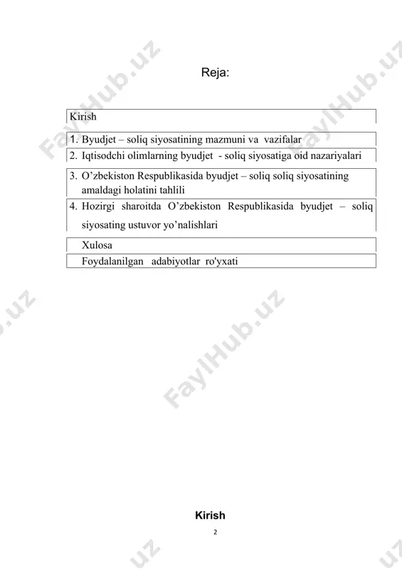 xususiy mulk, hamda xususiy tadbirkorlikni ishonchli himoya qilishni ta’minlash, ularni jadal rivojlantirish yo’lidagi to’siqlarni etish bo’yicha amalga oshirilayotgan islohotlar yildan – yilga o’zining samarasini berib kelmoqda. mamlakatimiz bozor islohotlarni chuqurlashtirish va iqtisodiyotni yanada erkinlashtirish, to’laqonli bozor iqtisodiyotini yaratish sohasida olib borilayotgan iqtisodiy islohotlar orasida byudjet va soliq sohasidagi islohotlarni chuqurlashtirish, soliq tizimi soddalashtirish masalalari muhim ahamiyat kasb etmoqda. bugungi kunda soliq siyosatini yanada takomillashtirish soliq yukini kamaytirish va ishlab chiqarishni modernizatsiya qilish hamda xususiy tadbirkorlikni soliqlar orqali rag’batlantish va qo’llab – quvvatlash ning muhim ustivor yo’nalishi sifatida belgilanishi ushbu sohalarda bajariladigan vazifalarning o’zaro uyg’unligini ta’minlab beradi. xususan, milliy iqtisodiyotda soliq yuki darajasining oxirgi yillarda sezilarli darajada kamayishiga erishildi. bozor munosabatlarini shakllantirish jarayonida mamlakatning rivojlanish strategiyasi, iqtisodiyotning ustivor yo’nalishlarini, ijtimoiy va madaniy sohalarini moliyashtirish vositasini akkumulatsiyalash sezilarli darajada mamlakat moliyaviy holati va byudjet tizimiga bog’liq. byudjet munosabatlari doirasida davlat nazorati barqaror byudjet faoliyatiga erishish uchun samarali soliq siyosati olib borilishini taqozo …