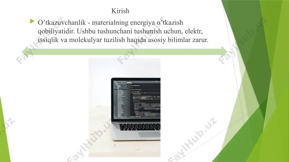 azuvchanlik - energiyaning bir jismdan boshqasiga oʻtish jarayonidir. bu jarayonda energiya issiqlik, elektr yoki mexanik shaklda oʻtadi. energiyani oʻtkazish jarayoni jismning o'zaro taʼsiri va harakatlanishi orqali amalga oshadi, bu esa energiya samaradorligini oshirishga yordam beradi. oʼtkazuvchanlikning samarali boʼlishi energiya yoʻqotilishining kamayishiga olib keladi, shuning uchun energiya samaradorligi yuqori boʼladi. oʼtkazuvchanlikning asosiy qonunlari 1. ohm qonuni: tok va kuchlanish orasidagi munosabat. misol: kuchlanish oshganda, tok kuchi ham oshadi. 2. fourier qonuni: issiqlik oqimi va uning oʼtkazuvchanligi. misol: metalda issiqlik bir uchi qizgʼin, ikkinchi uchi sovuq. 3. newton qonuni: kuchlar va harakat oʼrtasidagi munosabat. misol: jismlar orasidagi toʼgʼri chiziqli harakat. 4. stefan-boltzmann qonuni: radiatsiya va issiqlik. misol: qizigan jismlardan infraqizil nurlar chiqariladi. amaliy ahamiyati ushbu qonunlar energiya samaradorligini oshirishda va texnologik jarayonlarni optimallashtirishda muhimdir. 1. energiyani o'tkazishning birinchi usuli - konduksiyadir. bu usulda energiya to'g'ridan-to'g'ri materiallar orqali o'tadi, masalan, metallarda. konduksiya juda samarali bo'lib, issiqlikni tezda tarqatadi. 2. energiyani o'tkazishning ikkinchi usuli …