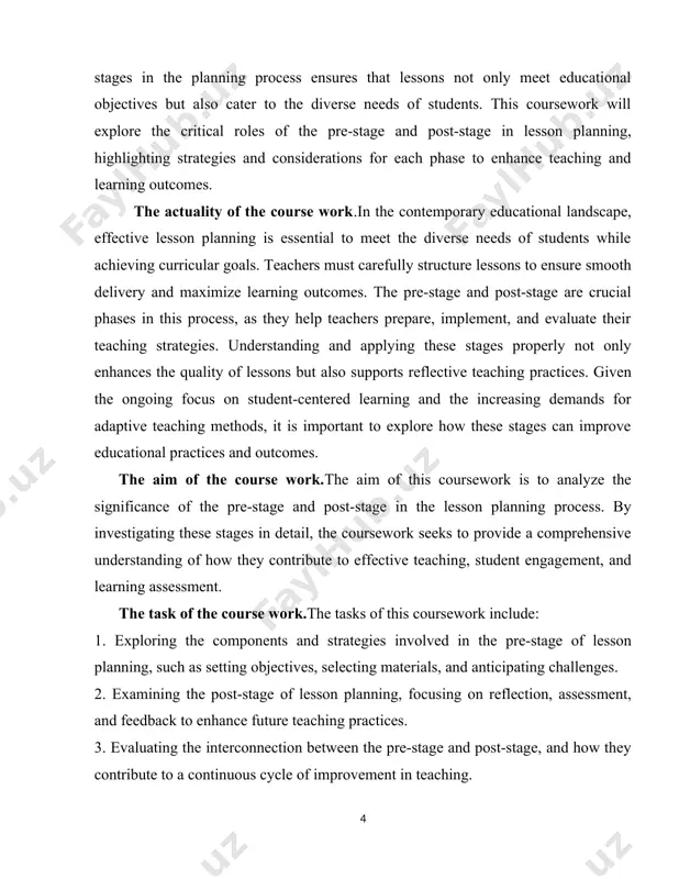 opment of teaching competencies. the structure of the course work the given course work consists of introduction, two chapters, conclusion, the list of used literatures and internet resources. chapter i.pre-stage: setting the foundation for the lesson 1.1 resources and material preparation : teaching aids the pre-stage, or the foundation-setting phase, is a crucial part of lesson planning and delivery, as it prepares both the teacher and students for the learning experience. this phase involves creating the necessary conditions for effective learning to take place. it is not just about gathering materials or setting up a classroom; it is about preparing the mental and emotional environment that fosters focus, engagement, and motivation. clearly state your goals for the class before you start the lecture. these goals ought to be clear, quantifiable, and consistent with the curriculum as a whole. students are better able to maintain focus and comprehend the lesson's significance …