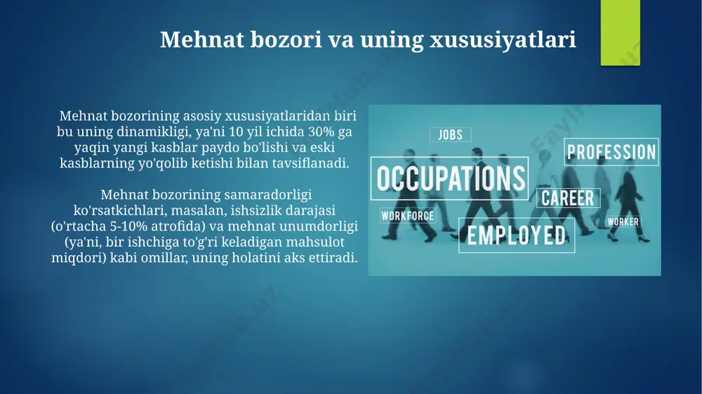 sonining 70% dan ortig'i o'rtacha oylik ish haqi 2 million so'mdan kam bo'lgan ish joylarida band. aholi bandligini ta'minlashda, ayniqsa, kam ta'minlangan oilalar uchun 5 dan ortiq kishilik oilalarga mo'ljallangan qo'shimcha ish o'rinlari yaratish muhim ahamiyat kasb etadi. davlatning aholi bandligidagi roli davlatning bandlik siyosati, 5 yillik rejalarda o'rtacha 1 million yangi ish o'rinlari yaratishni ko'zda tutadi, bu iqtisodiy o'sish va aholining farovonligini oshirishga qaratilgan. davlat tomonidan ishsizlik nafaqalari to'lash, yaimning 1% dan ortig'ini tashkil etadi va aholining ijtimoiy himoyasini ta'minlashda muhim rol o'ynaydi. ishsizlikning sabablari va oqibatlari kam ta'minlangan oilalarda 60% dan ortiq bolalar maktabni tugatmaydi, bu esa kelajakda ularning ish topish imkoniyatlarini cheklab, ishsizlik darajasini oshiradi. ishsizlikning asosiy sabablaridan biri iqtisodiyotdagi tsiklik o'zgarishlar bo'lib, ya'ni yalpi ichki mahsulotning 2% dan ortiq pasayishi 100.000 dan ortiq odamning ishsiz qolishiga olib kelishi mumkin. aholi bandligini tahlil qilish usullari aholi bandligini tahlil qilishda 3 yillik davrlar bo'yicha ishsizlik darajasini, shuningdek, 15-64 …