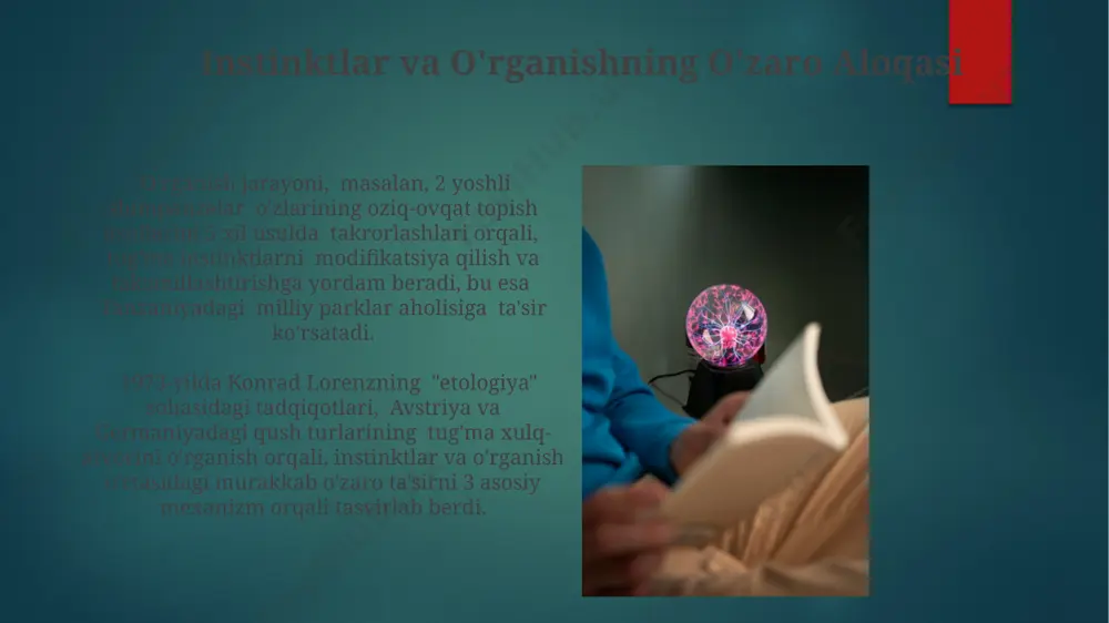 ik va atrof-muhit omillarining instinktiv xulq-atvorning ontogeneziga ta'siri 70% genetik va 30% atrof-muhitga bog'liq ekanligi, yaponiyaning kyoto shahrida o'tkazilgan tadqiqotlar natijalari bilan tasdiqlangan. instinktlarning ontogenezini o'rganishda, masalan, 200 ta sichqoncha ustida o'tkazilgan tajribalar shuni ko'rsatdiki, tug'ilishdan keyingi 3 kun ichida muayyan instinktiv xatti-harakatlar rivojlanadi, bu esa genetik dasturlashning ahamiyatini tasdiqlaydi. e'tiboringiz uchun rahmat @taqdimot_robot image6.jpg image7.jpg image8.jpg image9.jpg image10.jpg image11.jpg image12.jpg image13.jpg image14.jpg image15.jpg image16.jpg image17.jpg image18.jpg image19.jpg image20.jpg image21.jpg image22.jpg image2.png image3.png image4.png image5.png