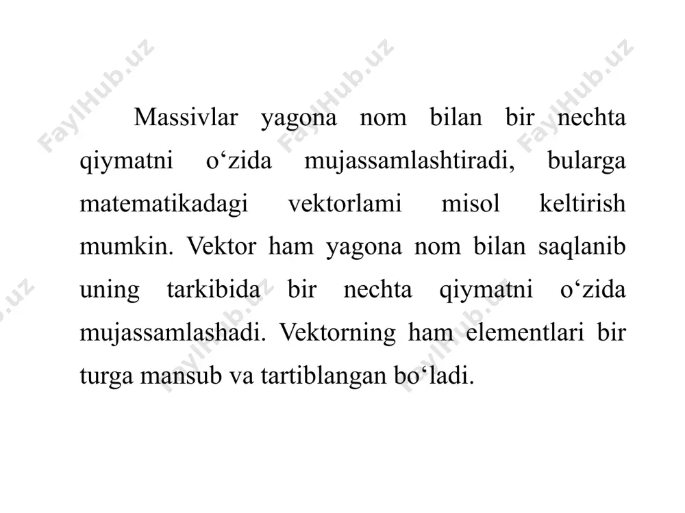 sh va uning umumiy ko'rinishi quyidagicha. ikki o‘lchovli massivlarni c++ dasturlash tilida e’lon qilish uchun massiv turi, massiv nomi, massiv satrdagi elementlar soni va massiv ustunidagi elementlar soni beriladi. agar a[5,2] massiv berilgan bo’lsa, uni c++ dasturlash tilida a[2][5] ko’rinishda e’lon qilinadi. c++ dasturlash tilida massivlarni yozilishi, matematikadan bir oz farq qilinadi, ya’ni ustun va satrlari joyi almashtiriladi. [ ][ ]; ikki o’lchovli massivlarni c++ dasturlash tilida e’lon qilinishi. massivlarni elementlariga murojaat qilish uchun uning har bir elementining o’z indeksi bo‘yicha murojaat qilinadi. massiv elementlariga murojat qilishni quyidagi shakl orqali bajariladi. quyidagi ikki o‘lchovli massiv berilgan bo‘lsin. c++ dasturlash tilida ikki o‘lchovli massivlarning elementlarini boshlang’ich qiymatlarini quyidagi tartibda berilishi mumkin. ikki o‘lchovli massiv elementlari boshlang’ich qiymatlari oldindan berilmasa, albatta, uning elementlar sonini oldindan berish kerak bo‘ladi. ikki o‘lchovli massiv elementlari soni aniq, lekin uning elementlarini boshlang’ich qiymatlari berilmaganda, massiv elementlarini shakllantirish quyidagicha amalaga oshirish mumkin. belgili o’zgaruvchilar. char toifasidagi satrlar …