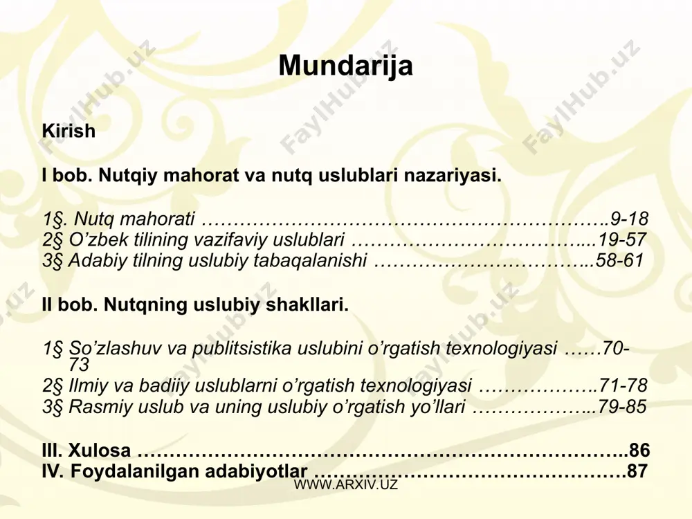 iqot predmeti umumiy o’rta ta’lim maktabi o’quvchilariga nutq uslublari turlarini o’rgatish jarayoni. nutq uslublarini o’rgatishda o’quvchilarga chuqur va puxta bilim berish choralari ko’rilsa, og’zaki va yozma nutqini o’stirish rejali amalga oshirilsa, axborot texnologiyalari jalb etilsa, bir so’z bilan aytganda, mavjud imkoniyatlar to’la ishga solinsa, mustaqil fikrlash, ishlash va izlanish ko’nikmalari kamol topadi, og’zaki va yozma nutqi hamda tafakkuri o’sadi. www.arxiv.uz www.arxiv.uz nutq uslublarining hammasi o’tib bo’lgandan so’ng, qoidalar eslab olingach, o’quvchilarni 5 ta guruhga ajratiladi. doskaga doiracha chizib qo’yiladi. har bir guruh sardori doira chetiga romashka gulining bargini bittadan chizadi. www.arxiv.uz www.arxiv.uz badiiy uslub ilmiy uslub rasmiy uslub publitsistik uslub so’zlashuv uslubi nutq uslublari www.arxiv.uz www.arxiv.uz xulosa www.arxiv.uz www.arxiv.uz foydalanilgan adabiyotlar abdurahmonov f. o’zbek adabiy tilining stilistik normalari. nutq madaniyatiga oid masalalar. fan. 1973 yil asqarova m. respublika maktablarida ona tili darslarini sifatini oshirish va nutq madaniyatiga doir ba’zi muloxazalar. fan. toshkent 1973 yil axmedov a. notiqlik sa’ati. toshkent. o’zbekiston …