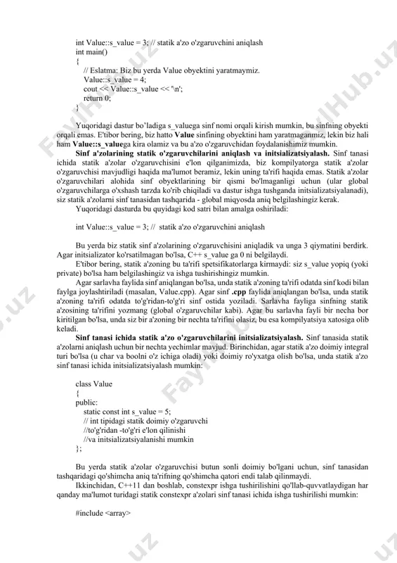 inf ob'ektlarini yaratish shart emas. sinflar "mutlaqo statik" bo'lishi mumkin (barcha statik a'zo-o'zgaruvchilari va statik metodlar bilan). biroq, bunday sinflar, aslida, global miqyosda funksiyalar va o'zgaruvchilarni e'lon qilish bilan tengdir va agar sizda yaxshi sabab bo'lmasa, undan qochish kerak. masalalar 1. nafaqa. o’qituvchining nafaqa daftarchasida qayd etilgan dastlabki summa 1000 so’m. 30 yil ishlagan o’qituvchi qancha miqdordagi pensiya bilan nafaqaga chiqadi. (eslatma: jamg’arib boriladigan pensiya miqdori 1%) masalani yechish uchun ko’rsatma: oylik maosh, jbpm miqdori, qayd etilgan dastlabki summa, yil 2. kredit. bank mijozlarga kredit bermoqda. mijoz kredit olishi uchun yillik maoshi x so’mdan oshishi lozim. z miqdorda kredit olgan mijoz, uni qancha muddatda to’lay oladi. bankning yillik foiz stavkasi y %. bank yillik foiz stavkasini har uch yilda k % foizga kamaytirishni rejalashtirgan. masalani yechish ko’rsatmalar: yillik maosh, kredit miqdori, yillik foiz stavkasi, yillik foiz stavkasi kamayish miqdori 3. o’quv markazi. talaba beshta fandan imtihon topshiradi. bu fanlardan olingan …
