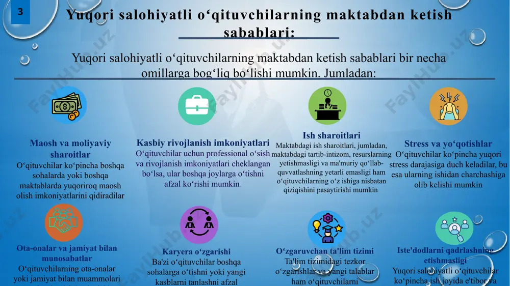 osimov, b. kattakishiyev va boshqa olimlar tomonidan muayyan darajada oʻrganilgan. 5 “qutadgʻu bilig” yusuf xos xojib “fozil odamlar shahri” abu nasr forobiy “salohiyatli oʻqituvchilar: yaratuvchi muhitda rivojlanish” g.toshmurodova integratsiyalsh-boshlang`ich ta`lim samaradorlik omili m.temirova, g.berdiyeva “menejment va marketing asoslari” yo. abdullayev mavzuga aloqador boshqa manbaalar: 6 maqsad yuqori salohiyatli oʻqituvchilarni maktabda saqlab qolish strategiyasini ishlab chiqish va uni muvaffaqiyatli amalga oshirish orqali oʻquvchilarning bilim sifatini yuqori darajaga koʻtarish. «ta’lim-tarbiya — bu bizning kelajagimiz, hayot-mamot masalasi. shu bois, bu sohadagi islohotlarni kechiktirishga haqqimiz yо‘q. qanchalik murakkab bо‘lmasin, maktab ta’limida poydevorni bugundan mustahkam qо‘yishimiz kerak. sh.mirziyoyev 7 vazifalar ta'lim sifatini oshirish; 8 oʻqituvchilarni qulay mehnat sharoitlari bilan ta’minlash; maktabda “ustoz-shogird” an’anasi doimiy ishlashini ta’minlash; maktabning ijobiy imijini shakllantirish; 1 2 3 4 yangi zelandiya amerika qo`shma shtatlari yuqori salohiyatli oʻqituvchilar uchun maxsus imtiyozlar va bonuslar mavjud. bu imtiyozlar oʻqituvchilarga dam olish va arzonlashtirilgan narxlarda mahsulotlar sotib olishga imkon beradi www.nz.ed.gov yaponiyada oʻqituvchilarning muntazam …