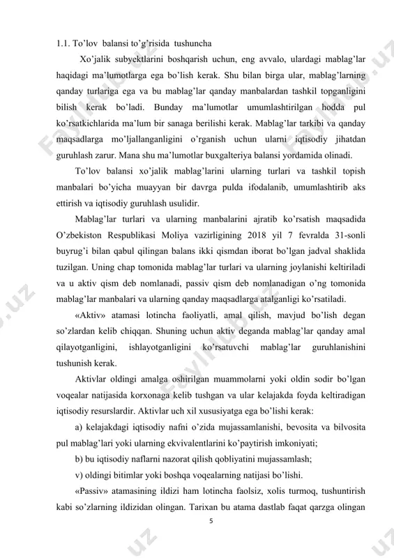 ubyekt uchun majburiyatning bajarilishi shartligi va qariyb muqarrarligi; v) oldingi bitim yoki voqealar natijasi bo’lishi. uning aktivi va passivida ham balans moddalari ikkiga bo’lib ko’rsatiladi. aktivda: i bo’lim. uzoq muddatli aktivlar va ii bo’lim. joriy aktivlar. passivda: i bo’lim. o’z mablag’larining manbalari va ii bo’lim. majburiyatlarga bo’linadi. balans ko’rsatkichlaridan quyidagi iqtisodiy ko’rsatkichlarni aniqlab olish mumkin. aktivlar aylanma va uzoq muddatli kapitallari yig’indisiga teng. xo’jalik yurituvchi subyektning o’z mablag’lari aktivlaridan majburiyatlarini ayirganiga teng. aktiv va passivning xar bir elementi mablag’lar turi yoki ularning manbai balans moddasi deb ataladi. aktivda, masalan, quyidagi moddalar keltiriladi: «asosiy vositalar», «tugallanmagan ishlab chiqarish», «tayyor mahsulot», «hisob-kitob schyoti» va boshqalar; passivda «ustav kapitali (fondi)», «hisobot yilining taqsimlanmagan foydasi, «bank kreditlari», «mol yetkazib beruvchilardan qarzlar» va boshqa moddalar. to’lov balansining xususiyati aktiv va passivlar pullik yakunlarining tengligidan iborat. bu talab har qanday korxona balansi uchun majburiydir. bu talab aktivda ham, passivda ham mablag’larning bir xil hajmda, faqat har …