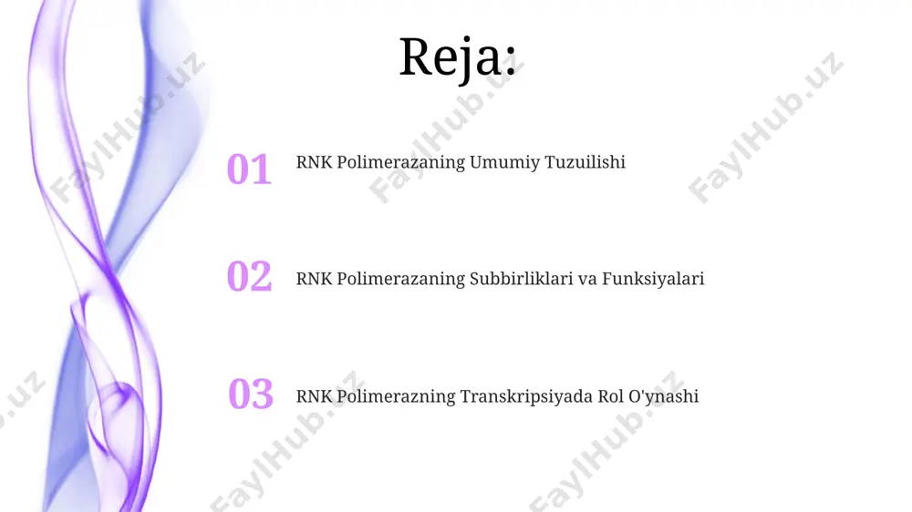 nt sifatida mavjudligi va ularning transkripsiyada o'ziga xos vazifalarini bajarishi ma'lum. aktiv saytning tuzuilishi va funksiyasi aktiv saytning tarkibiga ikkita metall ionlari, masalan, magniy (mg²⁺) ionlari kiradi, ular substratlarning to'g'ri joylashishi va fosfodiester bog'lanishlarning hosil bo'lishida muhim rol o'ynaydi. taxminan 8-12 nukleotidli dnk ketma-ketligi aktiv saytga bog'lanib, transkripsiya boshlanish nuqtasini aniqlaydi va bu jarayonni berg laboratoriyasi tomonidan batafsil o'rganilgan. rnk polimerazaning aktiv sayti 10 dan ortiq polipeptid zanjirlaridan tashkil topgan bo'lib, ularning har biri dnk shabloniga bog'lanish va ribonukleotidlarni qo'shish kabi muhim funksiyalarni bajaradi. allosterik regulyatsiya allosterik effektorlar, masalan, atp yoki gtp kabi nukleotidlar, rnk polimerazaning 3d tuzilmasini o'zgartirib, uning faolligini groningen universiteti tadqiqotlarida ko'rsatilganidek, 2-3 marta oshirishi yoki pasaytirishi mumkin. rnk polimerazaning allosterik regulyatsiyasi, masalan, bakteriyalarda 20 dan ortiq oqsil subbirliklarining o'zaro ta'sirini o'z ichiga oladi va bu esa transkripsiya tezligini 5-10 baravar o'zgartirishi mumkin. rnk polimerazaning allosterik regulyatsiyasi, 10-20 nm diapazonidagi konformatsion o'zgarishlar orqali, promouter hududlariga bog'lanish samaradorligini …
