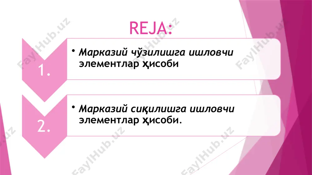 моменти; - стерженнинг ҳисобий узунлиги бўлиб, қуйидаги формула бўйича аниқланади: ; - стерженнинг эркин узунлиги; - коэффицентининг қиймати қуйидагича қабул қилинади: , e’tiboringiz uchun raxmat. image1.png image2.png image3.wmf image4.wmf image5.wmf image6.png oleobject1.bin oleobject2.bin oleobject3.bin image7.png image8.png image9.png 2 ' ' 4 , 38 ) 5 , 3 2 15 ( 6 , 1 3 см f заиф = × - × × = 2 ' ' ' 6 , 121 ) 4 , 38 140 ( 300 ) ( c м f f f f заиф заиф бр нт = + - = + - = мпа m r мпа f n o р нт р 8 8 , 0 10 17 , 6 6 , 121 ) 10 ( 75 = × = × < = × = = s /docprops/thumbnail.jpeg