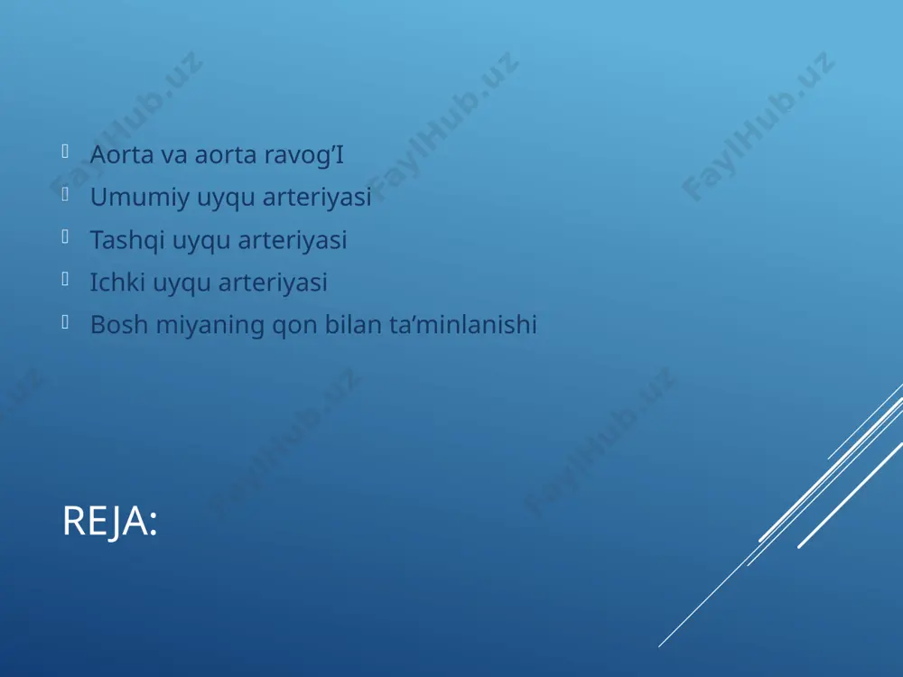dastasini hosil qiladi chap umumiy uyqu arteriyasi chap o‘mrov osti arteriyasi chap o’mrov arteriyasi a. subclavia sinistra, aorta yoyining tarmog’i hisoblansa, o’ng o’mrov osti arteriyasi a.subclavia dextra truncus brachiocephalicus ning tarmog’i hisoblanadi. o’mrov osti arteriyasi plevra gumbaziga mos, yuqoriga qaragan yoy hosil qiladi. o’mrov osti arteriyasi ko’krak qafasini uning yuqori teshigi apertura superior orqali tashlab chiqadi. o’mrovga yaqin kelib, i qovurg’adagi bir xil nomi egati sulcus a. subclaviae da yotadi va i qovurg’adan qayrilib qo’ltiq sohasiga yo’naladi. aortaning tarmoqlanishi tashqi uyqu arteriyasi karotis arteriya ikkita shoxga ega: o'ng va chap. birinchisi elka tanasi mintaqasidan kelib chiqadi. chap arteriya, o'z navbatida, aorta kamari mintaqasidan boshlanadi.ushbu anatomik xususiyatlar tufayli chap arteriya o'ng tomirdan bir-ikki santimetr uzunroq. keyin u vertikal ravishda yuqoriga qarab harakatlanadi, bo'yin qismida joylashgan, so'ngra filiallar va boshning turli qismlarida joylashgan. ushbu arteriyaning asosiy vazifasi miyani qon bilan ta'minlashdir. bu faqat ushbu idishda normal qon aylanishiga xalaqit beradigan patologiyalar va …