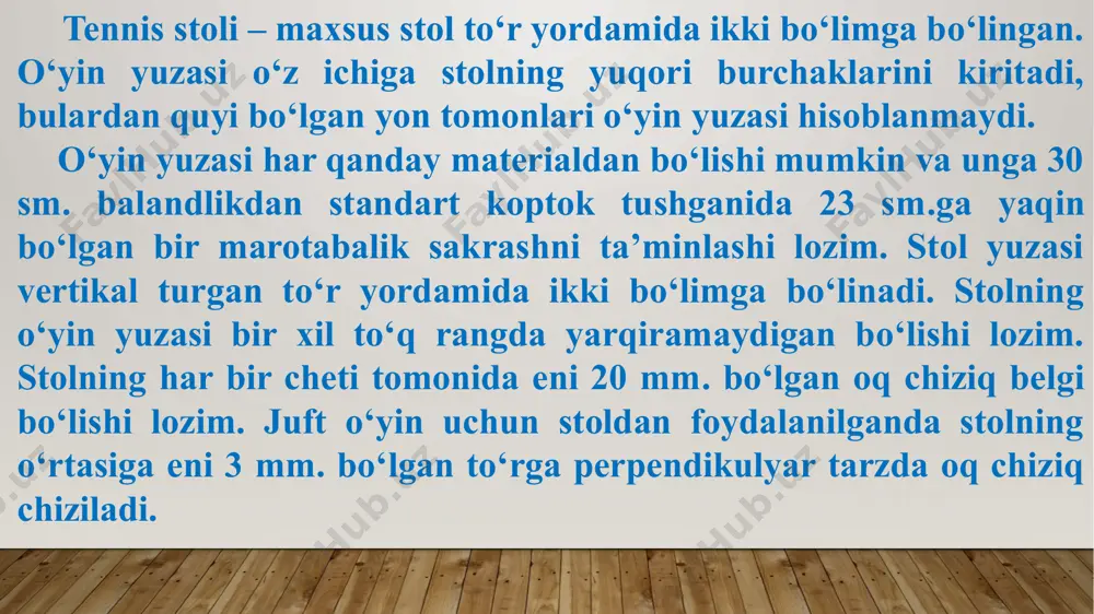 (yumshoq) 47°gacha (qattiq). ba’zida gubkadan foydalanmasdan rezinani asosning o‘ziga qoplam chiqiladi. professional raketkalar tayyor ishlab chiqilgan holda sotilmaydi. o‘yinchi yoki o‘yinchining murabbiyi asos va qoplamalarning alohida tanlaydilar. maxsus do‘konlarda rezina (topsheet) va gubka (sponge) alohida sotilishi va alohida yig‘ilishi mumkin. raketka o‘yinda asosi yog‘ochdan qilingan va ikki tomoni ikki yoki bir qavat maxsus rezina bilan qoplangan raketkalardan foydalaniladi (ba’zida “pero” o‘yinda ushlash uslubi qo‘llanilganida raketkaning tomonlaridan biri qoplamaga ega emas, bunday holatda o‘yin paytida bu tomoni qo‘llanilmaydi). raketkaning ikki tomonidagi qoplamalar turli bo‘lishi mumkin va rangi bilan albatta farqlanadi. raketkaning asosi har xil yog‘ochdan bo‘lgan bir nechta qavatdan tayyorlanib, bundan tashqari, bir necha qavat titan, karbon va boshqa materiallar ham ishlatiladi. odatda, qoplama ikki qatlamdan – sirti rezinadan (topsheet) va ichi gubkadan (sponge) iborat. rezina qatlami ikki turda bo‘lishi mumkin – kichik tikanlari (tekis) va tashqi tikanlari (tikan) notekis yuzalik taxta bo‘lishi mumkin. gubkalar turli qattiqlikda bo‘lishi mumkin va graduslarda …