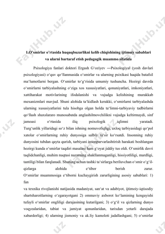 k davri inqirozi to‘g‘risida kuyinib gapiradilar, ba‘zi illatlarni tanqid qiladilar va ularning ijtimoiy-psixologik ildizini topishga intiladilar. aslida esa o‘smirlarga yondashishda metodologik kamchilikka yo‘l qo‘yadilar. mazkur illatlarning oldini olish chora va tadbirlari tizimini ishlab chiqa olmaydilar. bu masalaga to‘g‘ri yondashish ayrim ilmiy tadqiqotlarda asoslab berilgan va o‘smirlik davri ishqirozi haqida mulohaza yuritishdan ko‘ra, kattalar bilan o‘smirlar muomalasining insiroei haqida gapirish to‘g‘riroq bo‘ladi, deb xulosa chiqarilgan. xo‘sh, o‘smirning psixik o‘sishini harakatga keltiruvchi kuch nima? o‘smirning psixik o‘sishini harakatga keltiruvchi kuch - uning faoliyatini vujudga keltirgan yangi ehtiyojlar bilan ularni qondirish imkoniyatlari o‘rtasidagi qarama-qarshiliklar tizimining namoyon bo‘lishidir. mana shu dialektik qarama-qarshiliklar ortib borayotgan jismoniy, aqliy hamda axloqiy imkoniyatlar bilan barqarorlashgan, stereotipga aylangan tashqi olamni aks ettirishning shakllari o‘rtasida sodir bo‘ladi. vujudga kelgan ziddiyatlar va qarama-qarshiliklarni psixologik kamolotni ta‘minlash, faoliyat turlarini murakkablashgirish orqali o‘smir shaxsida yangi psixologik fazilatlarni tarkib toptirish bilan asta-sekin yo‘qotish mumkin. bu davr insonning kamoloti yuqoriroq bosqichiga ko‘tarilishi bilan yakunlanadi. kamol …