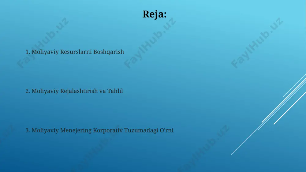 a xavflarni baholashni nazarda tutadi. moliyaviy tahlil va hisobot moliyaviy tahlil, kompaniyaning 2023 yilgi daromadlari 15 million aqsh dollaridan oshganidan keyin, investitsiya qarorlarini qabul qilishda muhim rol o'ynaydi va bu tahlil natijalari asosida buxoro viloyatida yangi filial ochish taklifi berildi. moliyaviy tahlil va hisobotlar, 5 yillik prognozlarni ishlab chiqishda muhim ahamiyatga ega bo'lib, ular qarz olish ehtimoli va foiz stavkalarining o'zgarishi kabi omillarni hisobga olib, kelgusi yillarda kompaniyaning foydasini 20% ga oshirishni taxmin qiladi. investitsiyalarni boshqarish samarqanddagi yirik korxonalarda moliyaviy menejerlarning investitsiyalarni boshqarishdagi qarorlari yillik daromadning 20% gacha o'sishiga hissa qo'shadi. investitsiyalarni boshqarishda xavfni baholash va diversifikatsiya qilish, masalan, 5% ni ko'chmas mulk, 10% ni qimmatli qog'ozlar va 15% ni xorijiy valyutaga sarmoya kiritish orqali amalga oshiriladi. xarajatlarni boshqarish va optimallashtirish xorij valyutasidagi xarajatlarning o'sishini oldini olish uchun, moliyaviy menejer 2024 yil uchun valyuta kurslarini prognoz qilish va xavfni boshqarish bo'yicha yangi modelni joriy etdi, bu esa risklarni 7% ga …