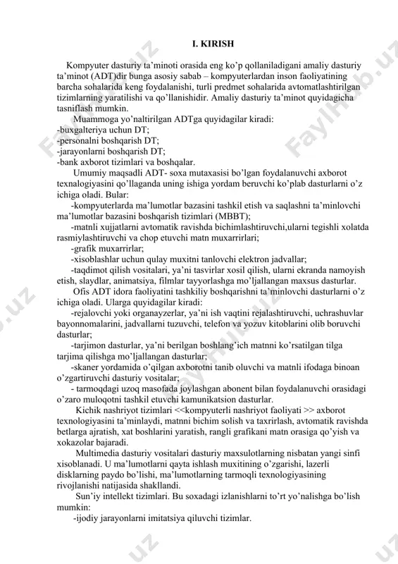 y vositalar; - tarmoqdagi uzoq masofada joylashgan abonent bilan foydalanuvchi orasidagi o’zaro muloqotni tashkil etuvchi kamunikatsion dasturlar. kichik nashriyot tizimlari > axborot texnologiyasini ta’minlaydi, matnni bichim solish va taxrirlash, avtomatik ravishda betlarga ajratish, xat boshlarini yaratish, rangli grafikani matn orasiga qo’yish va xokazolar bajaradi. multimedia dasturiy vositalari dasturiy maxsulotlarning nisbatan yangi sinfi xisoblanadi. u ma’lumotlarni qayta ishlash muxitining o’zgarishi, lazerli disklarning paydo bo’lishi, ma’lumotlarning tarmoqli texnologiyasining rivojlanishi natijasida shakllandi. sun’iy intellekt tizimlari. bu soxadagi izlanishlarni to’rt yo’nalishga bo’lish mumkin: -ijodiy jarayonlarni imitatsiya qiluvchi tizimlar. ushbu yo’nalish kompyuterda o’yinlarni (shaxmat, shashka va x.k.) avtomatik tarjima qilishni va boshqalarni amalga oshiradigan dasturiy ta’minotni yaratish bilan shug’ullanadi. · bilimlarga asoslangan intelektual tizimlar. ushbu yo’nalishdagi muxim natijalardan biri ekspert tizimlarning yaratilishi xisoblanadi. shu tufayli sun’iy intellekt tizimlarini ma’lum va kichik soxalarning eksperti sifatida tan olinishi va qo’llanishi mumkin. · exmlarning yangi arxitekturasini yaratish. bu yo’nalish sun’iy tafakkur mashinalari (beshinchi avlod exmlari) ni yaratish muammolarini …