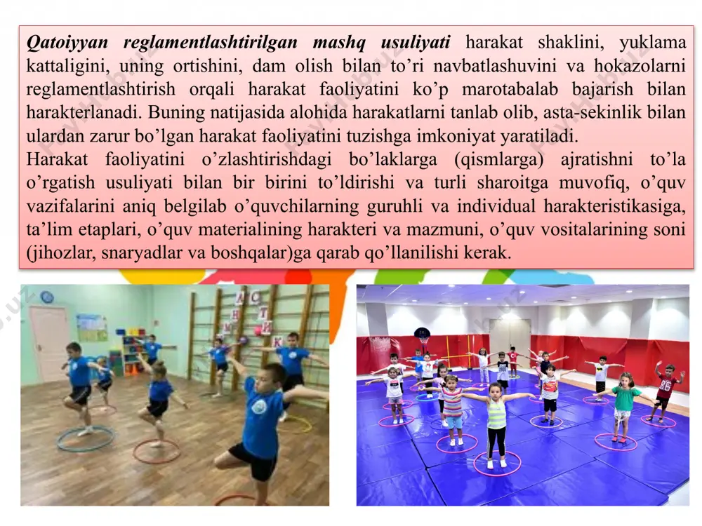 at sifatlarini deyarli yuqori darajada rivojlanganligini talab qiladi, ayniqsa ularni kompleksli namoyon qilishda bu usuliyatiga ehtiyoj o’ta yuqoridir. musobaqa usuliyati pedagogika nuqtai nazaridan o’quvchilar alabasi va malubiyatiga turun psixologik tayyorgarlikni tarbiyalashga yo’naltirilishi, shundagina ta’lim jarayonida u o’zini oqlaydi, boshqa tomondan esa turli sharoitda har tomonlama jismonan tayyorgarligini to’la namoyish qilish imkonini beradi hamda uni darajasini oshirish vositasi bo’lib xizmat qilishi mumkin(7,9). foydalangan adabiyotlar 1.mahkamdjanov k.m jismoniy madaniyat nazariyasi va metodikasi toshkent., darslik “iqtisod -moliya” 2008 yil - 300 b. 2.abdullayev a., xonkeldiyev sh. jismoniy tarbiya nazariyasi va bslubiyoti. olquv qo‘llanma toshkent., o‘zdjti, 2005 yil - 300 b. qo’shimcha adabiyot 1.thomas h. sawyer, lawrence w. judge the management of fitness, physikal activity, recreation, and sport © 2012 sagamore publishing llc all ringhts reserved. e’tiboringiz uchun raxmat ! image1.jpeg image2.png image3.jpeg image4.jpeg image5.jpeg image6.jpeg image7.jpeg image8.jpeg image9.jpeg image10.jpeg image11.jpeg image12.jpeg image13.png image14.jpeg image15.jpeg image16.jpeg /docprops/thumbnail.jpeg