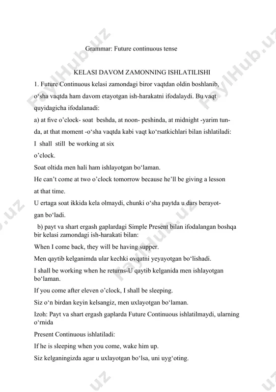 e whole evening. it will rain the whole evening. butun oqshom yomg‘ir yog‘ayotgan bo‘ladi. i shall be working in the library from three till ﬁve. i shall work in the library from three till ﬁve. men soat uchdan beshgacha kutubxonada ishlayotgan bo‘laman. yuqoridagi vaqt ko‘rsatkichlari bilan kelgan ikki yoki undan ortiq ish harakati sodir bo‘lish tartibida bayon etilsa hammasida faqat simple future ishlatiladi: i ‘ll come home early, i’ll rest from ﬁve till six, and then i’ll work the whole evening. men uyga erta kelaman, soat besh-dan oltigacha dam olaman, so‘ngra butun oqshom ishlayman. 4. ikkita davom etadigan ish-harakati bir vaqtda sodir bo‘lsa, jarayonni ifodalashni istasak bosh gapda future continuous va ergash gapda present continuous ishlatamiz, agar ish-harakatning sodir bo‘lish faktini ifodalashni istasak (sodir bo‘ladimi yo‘qmi) bosh gapda simple futureni, ergash gapda esa simple presentni ishlatamiz: while he is having his breakfast, i shall be reading the newspaper. u nonushta …