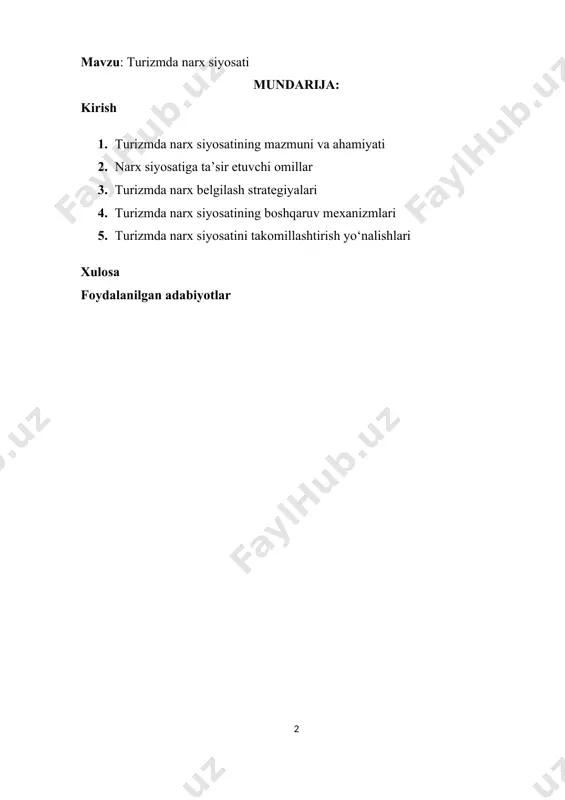 , raqobatbardoshligini saqlab qolishi va barqaror daromad manbaini ta’minlashiga xizmat qiluvchi asosiy vositalardan biridir. turistik xizmatlarning o‘ziga xosligi – ularning mavsumiyligi, geografik joylashuvga bog‘liqligi, xizmat ko‘rsatuvchi infratuzilmaga tayanishi – narx siyosatini yanada murakkablashtiradi. shu sababli turizmda narx belgilash jarayoni oddiy iqtisodiy formula asosida emas, balki talab va taklif, turistik oqimlar dinamikasi, valyuta kurslari, davlat siyosati, ijtimoiy omillar va xalqaro raqobatni hisobga olgan holda shakllantiriladi. bugungi globallashuv davrida narx siyosatini belgilashda innovatsion yondashuvlar, raqamli texnologiyalar va marketing strategiyalaridan foydalanish tobora kuchayib bormoqda. masalan, “dinamik narx belgilash” tizimlari, onlayn bron qilish platformalari, xizmatlarni paketlashtirish va differensial narx siyosati turistik firmalar amaliyotiga keng joriy qilinmoqda. shunday qilib, turizmda narx siyosati – bu nafaqat xizmatlar qiymatini belgilash jarayoni, balki butun tarmoqning raqobatbardoshligi va barqaror rivojlanishini ta’minlaydigan murakkab boshqaruv tizimidir. · turizmda narx siyosatining mazmuni va ahamiyati turizmda narx siyosati — bu turistik mahsulot va xizmatlar uchun narxlarni shakllantirish, moslashtirish va boshqarishning maqsadga yo‘naltirilgan tizimi …