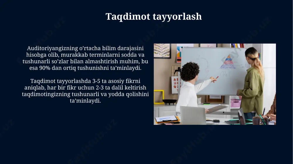 mot berish. ovoz ohangini boshqarish ovoz ohangining 3-7 hz oraligʻidagi tebranishlari tinglovchilar tomonidan qulay va ishonchli qabul qilinadi, shuning uchun nutq paytida bu chastotaga erishishga harakat qilish kerak. monotolli ovoz nutqning tushunarliligini 25% ga pasaytiradi, shuning uchun ohangni diversifikatsiya qilish va intonatsiyadan faol foydalanish juda muhimdir. tanani tilini qo'llash noto'g'ri tanani tili, masalan, qo'llarni cho'ntagiga tiqish yoki doimiy ravishda jimjitish, xabarni samaradorligini 30-40% ga pasaytirishi mumkin. tanani tilining 7-10% qismi nutq orqali uzatiladigan ma'lumotlarni kuchaytiradi, shuning uchun ijodiy taqdimotlar uchun juda muhim ahamiyat kasb etadi. muvaffaqiyatli taqdimotlarning namunalari samarali taqdimotlarda o'rtacha 5-7 ta asosiy fikr qo'llaniladi, har bir fikr uchun kamida 2-3 ta dalil keltiriladi. taqdimotning muvaffaqiyati 80% auditoriya bilan o'zaro aloqaga va 20% texnik jihatlarning ( slaydlar, video) sifatiga bog'liq. ishonchli ko'rinish yaratish ishonchli ko'rinish yaratish uchun kiyimingiz 70% toza va yaxshi holatda bo'lishi, 30% esa sizning tanlagan uslubingizga mos kelishi muhim. bu sizning professionalligingizni ta'kidlaydi. o'zingizga ishonch hosil …