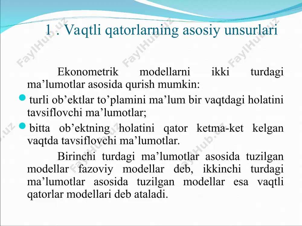 ni keltirib chiqaradi: agar qator chiziqli bo’lmagan tendentsiyaga ega bo’lsa, demak u aniq bo’lmagan shaklda ifodalangan. shuning uchun qatorning tendentsiyasini modellashtirish uchun ham chiziqli, ham chiziqli bo’lmagan funktsiyalardan foydalanish mumkin, masalan darajali yoki eksponentsial trendlardan. “n”-yilning 10 oyi nominal ish haqining “n-1”- yilning dekabr oyi darajasiga nisbatan foiz hisobida o’sish sur’ati davriy qatori uchun trendlar tenglamalari trend turi tenglama chiziqli 0,887 0,873 ikkinchi tartibli parabola 0,937 0,920 darajali 0,939** 0,931** eksponentsial 0,872** 0,856** giperbola ko’rinishida 0,758 0,728 *qavs ichida regressiya koeffitsientining standart hatoliklari ko’rsatilgan ** determinatsiya koeffitsientlari chiziqli holga keltirilgan regressiya tenglamalari asosida hisoblangan n”- yilning 10 oyi nominal ish haqining o’sish sur’ati dinamikasi 1-rasmdagi grafikdan o’suvchi trend borligini ko’rish mumkin. chiziqli trend ham bo’lishi mumkin. keyingi tahlillar uchun qatorning darajalari va ularning logarifmlari bo’yicha avtokorrelyatsiya koeffitsientlarini aniqlaymiz (2-jadval). 3. mavsumiy va tsiklik tebranishlarni modellashtirish mavsumiy yoki tsiklik tebranishga ega bo’lgan vaqtli qatorlar strukturasini tahlil qilishga bir qancha yondoshuvlar mavjud. …