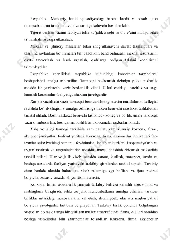 b rakamiga ega bo’lishi va ijara pudrati bo’yicha, xususiy soxada ish yuritishi mumkin. korxona, firma, aksionerlik jamiyati tarkibiy birlikka karashli asosiy fond va mablaglarni biriqtiradi, ichki xo’jalik munosabatlarini amalga oshirish, tarkibiy birliklar urtasidagi munozaralarni xal etish, shuningdek, ular o’z majburiyatlari bo’yicha javobgarlik tartibini belgilaydilar. tarkibiy birlik qonunda belgilangan xuquqlari doirasida unga biriqtirilgan mulkni tasarruf etadi, firma, a.j.lari nomidan boshqa tashkilotlar biln shartnomalar to’zadilar. korxona, firma, aksionerlar jamiyatlari tarkibiy birlikka o’z nomidan shartnoma to’zish va bu shartnoma bo’yicha javobgar bo’lish xuquqini beradi. korxonani boshqarish korxona to’g’risida qonunga asosan amalga oshiriladi. bu qonunda ko’zda tutilgan tamoyillardan biri butun jamoaning xamda uning tashkilotlari muxim qarorlarni qabul qilish va uni bajarishni nazorat qilishda ishtirok etish yo’li bilan amalga oshiriladigan o’z-o’zini boshqarish tamoyilidir. 2. tashkiliy tuzilmalar turlari. tashkiliy tuzilmalar juda turli-tuman, lekin ular umumiy izchil bog’liqlikka ega va qonuniyatlarga buysunadi. boshqarishning tashkiliy tuzilmasining asosiy turi chiziqli va funksional turlaridir. ular birikishi asosida turli xil chiziqli-funksional …