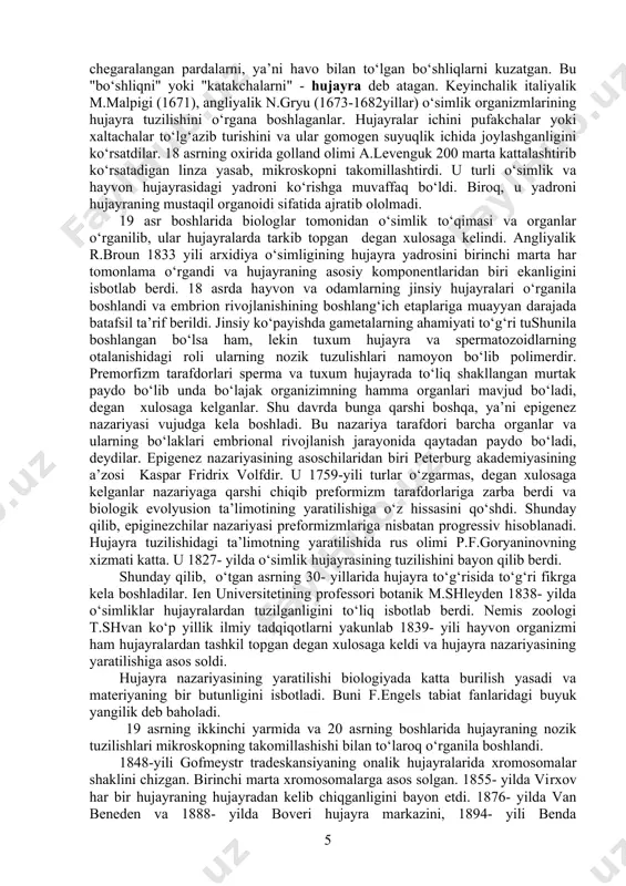 bayon etdi. 1876- yilda van beneden va 1888- yilda boveri hujayra markazini, 1894- yili benda mitoxondriyani, 1898-yilda goldji goldji apparatini kashf qildilar. 1882- yili flamming hayvon hujayralarida, strasburger o‘simlik hujayralarida xromosomalar aniqlagan. "xromosomalar"- terminini 1888- yili nemis olimi valdeer fanga kiritdi. valdeer kashfiyotigacha bir qancha olimlar bu strukturaning har- xil shakllarini chizib namoish qilganlar. 1874- yilda moskva universitetining professori chistyakov, 1882 yili flemming o‘simlik va hayvon hujayralari yadrosining bo‘linishini tekshirib, mitoz terminini fanga kiritganlar. mitozni o‘simliklarda 1884-yili strasburger, 1894-yilda esa geydengaenlar kuzatishgan. 1878-yili shleyxer yadro bo‘linish jarayoni asosida fanda kariokinez terminini kiritgan. yadro bo‘linishidan keyin hujayra bo‘lina boshlaydi. buni esa, sitokinez (grekcha "sitoz"- hujayra, "kineziz"- harakat) deb 1887-yili uitman fanga kiritgan. amitozni 1841-yili hayvonlarda remak, o‘simliklarda 1882-yili strasburgerlar kashf qilganlar. strasburger 1875- yili o‘simlik hujayralarida mitozni sistemali isbotlab berdi. nemiz embriologi v.rubarcha o‘simliklar bilan hayvonlar hujayrasi bo‘linishi umumiy ekanligini isbotlab berdi. strasburger 1884-yili profaza, metafaza, anafaza terminlarini geydengayn esa, 1894-yili …