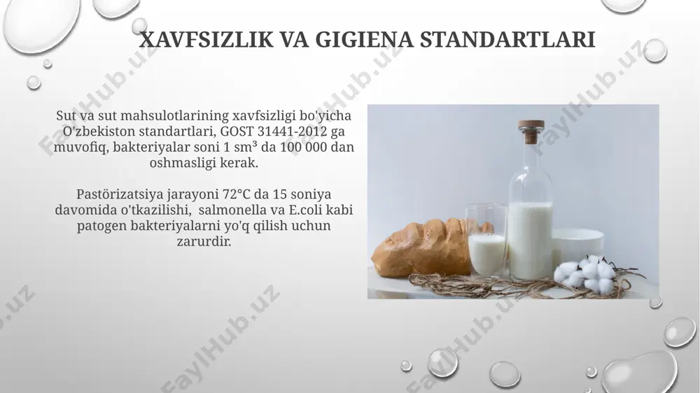 bakteriyalar soni 10³ cfu/ml dan oshmasligi kerak) muntazam tekshiruvlar o'tkazish zarur. mahsulotlarning standartlarga muvofiqligi, har bir ishlab chiqarish bosqichida sifat nazorati tizimining 3 bosqichli amaliyoti orqali – xom ashyo, ishlab chiqarish jarayoni va tayyor mahsulotlar tekshiruvi orqali ta'minlanadi. oqsil miqdorini standartlashtirish sut mahsulotlarida oqsil miqdorini standartlashtirish uchun, ko'pincha 2,8-3,5% oralig'ida bo'lishi kerak bo'lgan minimal oqsil miqdori belgilanadi va bu ko'rsatkichga erishish uchun sutni qayta ishlash texnologiyalari qo'llaniladi. oqsil miqdorini aniqlash uchun kjeldahl usuli yoki tezkor infraqizil spektroskopiyasi kabi usullar qo'llaniladi va olingan natijalarga asoslanib, sutning sifat darajasi va toifasi aniqlanadi, masalan, birinchi toifadagi sut uchun minimal oqsil miqdori 3% dan yuqori bo'lishi kerak. milliy va xalqaro standartlar iso 9001:2015 kabi xalqaro standartlar sifat menejmenti tizimlarini sertifikatlash orqali sut va sut mahsulotlari ishlab chiqaruvchilariga xalqaro bozorga chiqish imkoniyatini beradi va raqobatbardoshligini oshiradi. o'zbekiston respublikasi davlat standartlari agentligi tomonidan 100 dan ortiq sut va sut mahsulotlari turlariga nisbatan milliy standartlar joriy etilgan …