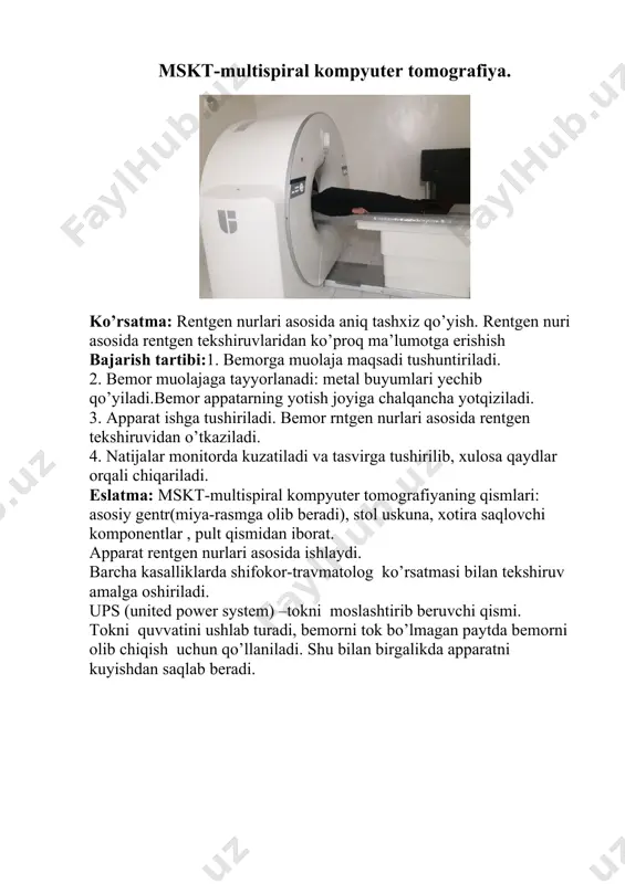 orga muolaja maqsadi tushuntiriladi. 2. qo’llar yuvilib, quritiladi. 3. bemor kushetlaga chalqancha yotqiziladi. 4. radiofarmaseftik preparatdan foydalanib, bemorga zarar qilmaydigan darajada juda oz miqdorda organizmga yuboriladi. 5. so’nra skaner atalgan maxsus asbob yordamida tekshiriladi. 6. bunda a’zoning katta-kichikligi shakli xolati va fuksional axvoli to’g’risida axborot olish mumkin. 7. bemorni rentgenologik yol bilan tekshirishda mo’nelik qiladigan xolatlarda skanerlashni qo’llash mumkin. 8. ba’zan skanerlash klinik usullarni xisobga olmaganda kasallikni aniqlash yoki patologik jarayon mavjud soxani belgilab olishda yagona diagnostik usul bo’lib qoldi. image7.jpeg image8.jpeg image9.jpeg image10.jpeg image11.jpeg image12.jpeg image13.jpeg image14.jpeg image1.jpeg image2.jpeg image3.jpeg image4.jpeg image5.jpeg image6.jpeg