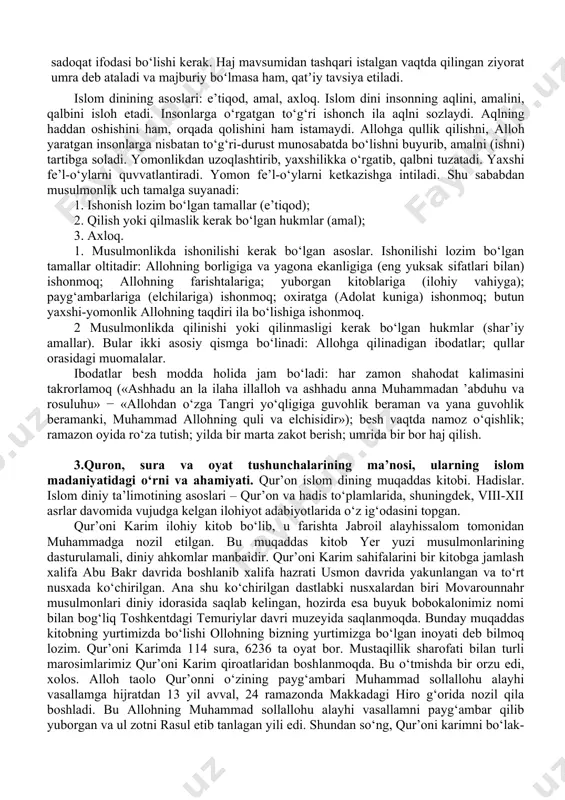 erak. · qurbonlik qilgandan soʻng, toʻlovchi oʻz pulini odatdagidan koʻra koʻproq sarflashi kerak emas. · toʻlovga qodir bolgan shaxs zakot berishi kerak. bu degani, agar kimdir boy boʻlsa, u daromadining bir qismini zakot qilishi kerak. agar odamning puli koʻp boʻlmasa, uni turli yoʻllar bilan qoplashi kerak, masalan, yaxshi amallar va boshqalarga nisbatan yaxshi xulq. · zakot qaysi jamoadan olingan bo'lsa, o'sha jamiyatda tarqatilishi kerak toʻrtinchi ustun: savm (roʻza) islomning toʻrtinchi ustuni savm yoki roʻzadir. roʻza islom taqvimidagi muqaddas oy boʻlgan ramazon oyida boʻlib oʻtadi. musulmonlar oy taqvimidan foydalanishadi. unga ko'ra ramazon oyi har yili oldingi yilgidan ko'ra 11 kun oldin keladi.. roʻza har kuni ertalabdan quyosh botgunga qadar davom etadi, bu vaqt davomida imonlilar oʻzlarini har qanday ovqat, ichimlik, jinsiy aloqa yoki chekishni taqiqlashlari kerak. biroq, quyosh botgandan keyin va tong otgunga qadar, odamlar oʻzlari xohlagan tarzdayuqorida sanab o`tilgan amallarni bajarishlari mumkin. ramazon oyida roʻza tutishning sababi, musulmonlarga barcha odamlar …