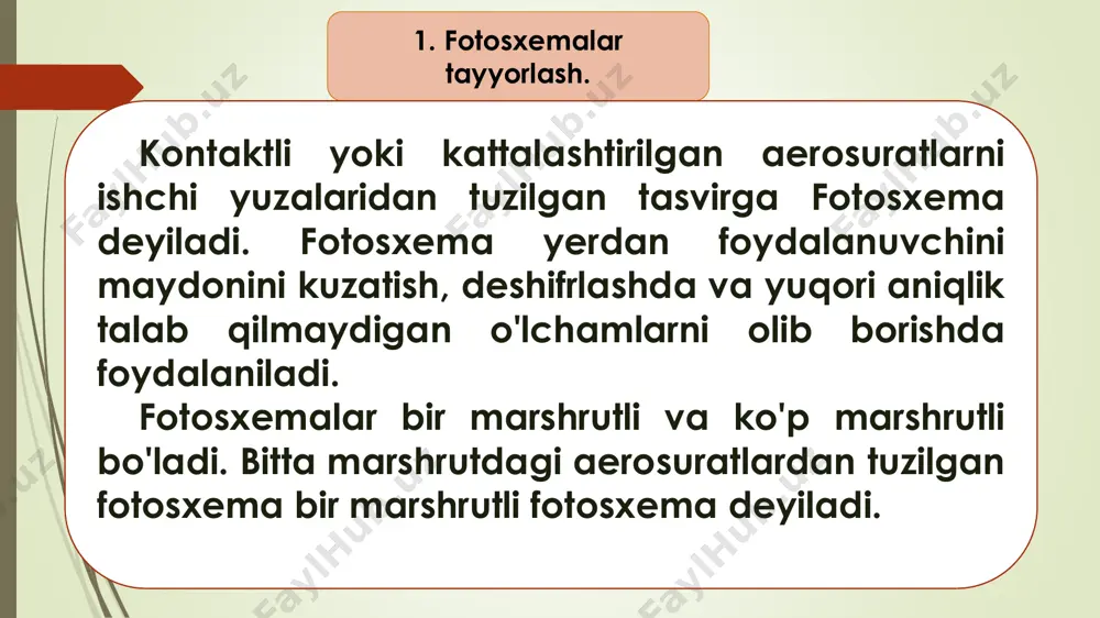 dabiyotlar ro’yhati 1. m.s. akbarov, d.k. muxitdinov “fotogrammetriya va suratlarni deshifirovkalash” toshkent-2008. 2. 1.н.д.ильинский, а.и.обиралов, а.а.фостиков «фотограмметрия дешифрирование снимков» м.недра 1986 3. internet ma’lumotlari: www.google.uz. http://www.google.uz/