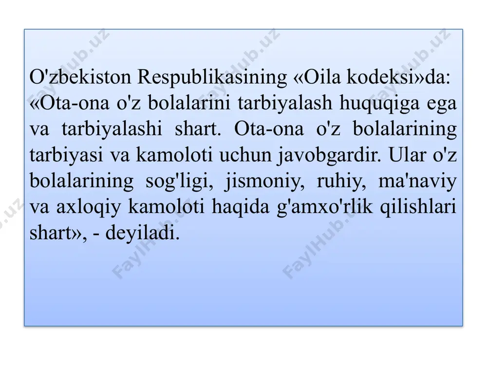 , biror joyi og'riganidan, uni ko'chadagilar xafa qilishgani yoki qo'shni itdan qo'rqib ketganidan farqlay oling. bunday vaziyatda uning yig'i-sig'isi tabiiy hol bo'lib, bolani tushunish kerak — u sizning himoya va g'amxo'rligingizga muhtoj. lekin xohlagan narsasiga erishish, aytganini qildirish uchun ataylab xarxasha qilayotgan bolani ko'tarib, quchoqlab, o'pib yupatish yaxshilikka olib kelmaydi — bu boshqa masala. tarbiyadagi eng muhim mezonlar bolani yaxshi hulqi uchun doimo maqtang. agar go'dak injiqlik qilsa va o'zini yaxshi tutmasa farzandingizning yoshi va rivojlanishini hamisha hisobga oling. bolaga qo'yayotgan talablar oqilona bo'lsin. yomon hulqi uchun vaqtida jazolash lozim (3 yoshli bolani ertalab ovqatni to'kib qo'ygani uchun kechki mul`tfil`mdan mosuvo qilmang — kichkintoy xato bilan jazoning bog'liqligini tushunib yetmasligi mumkin). bolani jazolayotganda o'zingiz xotirjam bo'lishingiz kerak.— uni shaxs sifatida ayblamang! bola bilan gaplashayotganda (ayniqsa, u quloq solmaganda, xarxasha va injiqlik qilganda, siz esa jahlingiz chiqib, xafa bo'lgan vaziyatlarda) doimo muomalangizga e'tibor bering — siz bilan bunday ohangda gaplashishlarini axir …