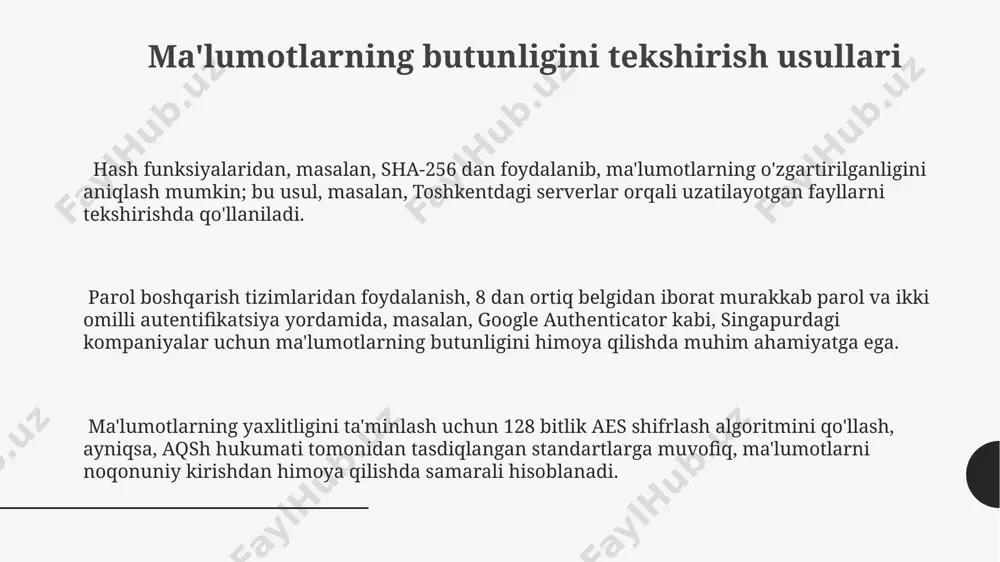 asalan, sha-256 dan foydalanish va hash qiymatlarini 5 yildan kam bo'lmagan muddat davomida saqlash, ma'lumotlarning o'zgartirilganligini aniqlashga yordam beradi. ma'lumotlarni 256-bit aes shifrlash algoritmi yordamida shifrlash va ularni xavfsiz serverlarga, masalan, amazon s3 yoki google cloud storage kabi xizmatlarga joylashtirish ma'lumotlarning butunligini ta'minlaydi. muhim ma'lumotlarni 3 nusxada saqlash (uch tomonlama nusxalash) va ularni geografik jihatdan turli joylarda, masalan, toshkent va samarqandda joylashgan serverlarda saqlash, tabiiy ofatlar va texnik nosozliklardan himoya qiladi. raqamli imzolar texnologiyasi raqamli imzolar texnologiyasi 256 bitlik kalitlardan foydalanib, hujjatlarning aslligiga va o'zgartirilmaganligiga ishonch hosil qilish uchun kriptografik xesh funksiyalaridan foydalanadi, bu esa o'zbekistondagi elektron hujjat aylanishini xavfsizlashtirishga yordam beradi. raqamli imzo texnologiyasi, masalan, 4096 bitlik kalit uzunligi bilan yuqori darajadagi xavfsizlikni ta'minlaydi va bu aqsh kabi rivojlangan mamlakatlarda keng qo'llaniladi, bu esa ma'lumotlarning buzilmasligini kafolatlaydi. raqamli imzolarni tekshirish jarayoni, hujjat tarkibining o'zgarganligini aniqlash uchun 1024 bitlik xesh qiymatini taqqoslashni o'z ichiga oladi, bu esa dunyoning ko'plab mamlakatlarida …
