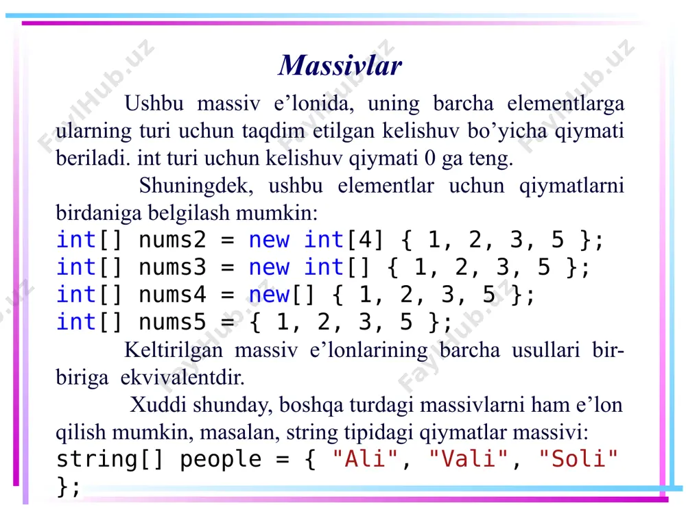 oxiridan uchinchi element 8 massivlar massivlar ustida takrorlash massivlar ustida takrorlash uchun har xil turdagi sikllardan foydalanish mumkin. masalan, foreach siklidan: int[] numbers = { 1, 2, 3, 4, 5 }; foreach (int i in numbers) { console.writeline(i); } bu erda int tipidagi ma'lumotlar massivi konteyner vazifasini bajaradi. shuning uchun ham int tipidagi o'zgaruvchi e'lon qilinishi kerak biz shunga o'xshash amallarni for sikli yordamida ham bajarish mumkin: 9 massivlar int[] numbers = { 1, 2, 3, 4, 5 }; for (int i = 0; i 0) { result++; } } console.writeline($"noldan katta elementlar miqdori: {result}"); bu erda yordamchi o'zgaruvchidan foydanilgan, u musbat sonlar miqdorini o'z ichiga oladi. siklda massiv bo'ylab yuriladi va agar uning elementi noldan katta bo'lsa, result o'zgaruvchiga bir qo'shiladi. 23 massivlarga doir misollar massivni teskari aylantirish ikkinchi misol - massivni teskari aylantirish, ya'ni massiv inversiyasi: int[] numbers = { -4, -3, -2, -1,0, 1, 2, 3, 4 …