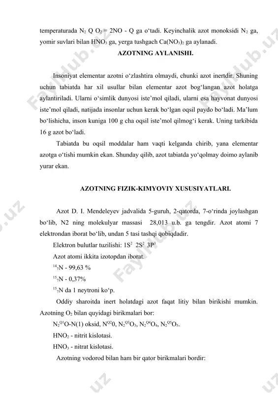 33,5 atmosferaga teng, uch xil holatdagisi bir muvozanat holatdagi holidir. atmosfera bosimida suyuq azotning qaynash temperaturasi minus 195,8 0с. qattiq holatdagi azotni erish temperaturasi minus 209,9 0с. tabiatda eng past harorat minus 273,16 0с. azotning radioaktiv izotoplari 137n va 167n ham bordir. normal sharoitda 1 gғmol azot gazi 22,404 l hajmni egallaydi. ma’lumki, normal sharoitda esa 1 atm. va 0 0с. elementar azotning bog‘lash usullari. ular 2 xildir. 1) biologik usul. 2) texnik usul. biologik usulga asosan dukkakli o‘simliklar (no‘hat, mosh, loviya)ning ildizlarida joylashgan mikroorganizm yoki azot bakteriyalari orqali elementar azotni bog‘langan azotga o‘tkazish jarayoniga aytiladi. biologik usul bilan juda kam mikdorda boglangan azot birikmalari xosil buladi.masalan: 1 gektar joyda 50 kg atrofida biologik usul bilan bog‘langan azot xosil bo‘ladi. ammo bu juda xam kam mikdorda bo‘lib, o‘sib borayotgan xalq xo‘jaligini bog‘langan azot birikmalarida bo‘lgan talabini kondira olmaydi. shuning uchun amaliyotda asosan texnik usul keng qo‘llaniladi. ular asosan 3 xildir: …