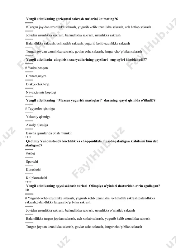 ko’pkurashchi ++++ yengil atletikaning qaysi sakrash turlari olimpiya o’yinlari dasturidan o‘rin egallagan? 10 ==== # yugurib kelib uzunlikka sakrash, yugurib kelib uzunlikka uch hatlab sakrash,balandlikka sakrash,balandlikka langarcho’p bilan sakrash. ==== joyidan uzunlikka sakrash, balandlikka sakrash, uzunlikka o’nhatlab sakrash ==== balandlikka turgan joydan sakrash, uch xatlab sakrash, yugurib kelib uzunlikka sakrash ==== turgan joydan uzunlikka sakrash, govlar osha sakrash, langar cho‘p bilan sakrash ==== uloqtirish turlarida natijani o’lchashda metrning nol ko’rsatkichi qaysi tomonda bo’ladi?11 ==== #maydonda ==== uloqtirish joyida ==== hakamga bog’liq ==== farqi yo’q ++++ yengil atletika qadimiy yunoncha «atletika» so‘zidan olingan bo‘lib, qanday ma’noni bildiradi?12 ==== #«mashq», «kurash», «bellashuv» degan ma’noni beradi. ==== «mashq», «yurish», «yugurish» degan ma’noni beradi ==== «yugurish», «sakrash», «uloqtirish» degan ma’noni beradi ==== «mashq», «ko‘pkurash», «bellashuv» degan ma’noni beradi ++++ yengil atletikaninig qaysi snaryadi itqitish orqali amalga oshiriladi va katta maydon talab qilmaydi?13 ==== # yadro ==== bosqon ==== nayza ==== disk ++++ yengil atletikaning …