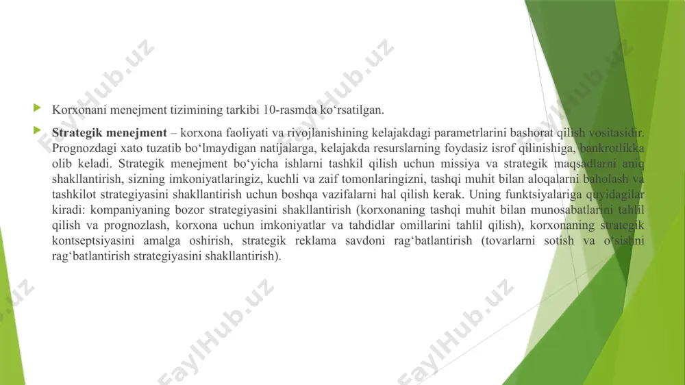 lashtiradi: stil - boshqaruv ishining sifati - boshqaruv qarorlari - jamoaviy faoliyat - natijalar. «tashkiliy tuzilma - stil» munosabatlari. struktura lotin tilidan tarjimada tuzilish, tartibga solish, tartib, bog‘lanish kabi ma’nolarni anglatadi. korxona strukturasi ishlab chiqarish tuzilmasi tizimi (shu jumladan xodimlarga xizmat ko‘rsatish), ya’ni boshqaruv sub’ekti va ob’ektining tuzilishi. menejment nazariyasida menejment predmeti (nazorat tizimi) tuzilishi korxona boshqaruvining tashkiliy tuzilmasi deb ataladi. boshqaruvning tashkiliy tuzilmasi - bu boshqaruv darajalari o‘rtasida ma’lum bir tarzda taqsimlangan bo‘g‘inlar yig‘indisidir. boshqaruvning tashkiliy tuzilmasi murakkabligi boshqaruv tizimidagi bo‘g‘inlar soni va ular joylashgan bosqichlar soni bilan belgilanadi. korxonani boshqarish tizimida boshqaruv funktsiyalari boshqaruv tizimining bo‘g‘inlari - bo‘linmalari o‘rtasida taqsimlanadi. ishlab chiqarish jarayoni kengayishi va murakkablashishi bilan, qoida tariqasida, boshqaruv tizimida boshqaruv faoliyatining maxsus turlarini bajarishga ixtisoslashgan yangi bo‘g‘inlar paydo bo‘ladi. ierarxiyaning ma’lum darajasidagi bog‘lanishlar to‘plami boshqaruv darajasi deb ataladi. bog‘lanishlar o‘rtasidagi munosabatlar ikki xil bo‘lishi mumkin: vertikal (bo‘ysunish va rahbarlik aloqalari) va gorizontal (teng bo‘g‘inlarning hamkorlik aloqalari). …