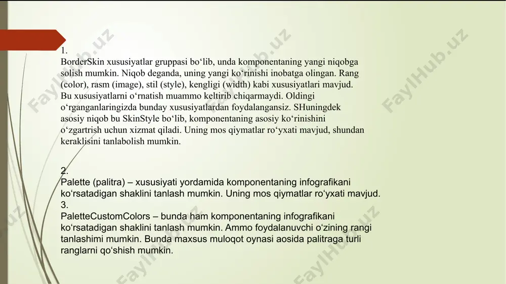 larni qo‘shish mumkin. annotations – bunda komponentaga izohlarni yozish mumkin. buning o‘zining xususiyatlari maxsus muloqot oynasi yordamida o‘rnatiladi. chartareas – bu xususiyat orqali komponentaga bir nechata chart infografika joylashtirish mumkin. buning ham o‘zi mos xususiyatlarini mos muloqot oynasi bilan o‘rnatish lozim. legends – infografikaga keltirilgan qiymatlarining joylashish maydoni. buni ham maxsus muloqot oynasi asosida tahrir qilish mumkin series – bu xususiyat asosiy bo‘lib, infografikaning qiymatlarini belgilovchi, har bir qiymat tegishliligini bildiradi. buning uchun maxsus mulovot oynasi mavjud. bunga to‘liqroq to‘xtalib o‘tamiz. titles – komponentalarga joylashtirilgan infografikalarga sarlavha qo‘yish uchun ishlatiladi. uning maxsus muloqot oynasi orqali ishlov berish orqali shrnatish mumkin. series – bu komponentaga qiymatlarni qo‘shish va uni tasvirlash uchun xizmat qiladi. komponentaning ichiga joylashtirilgan sohani tahrirlash uchun ishlatiladi. unga bosganda quyidagi muloqot oynasi chiqadi. tahrirlash oynasi. bu oynda yangi qiymatlar maydoni qo‘shish uchun [add] tugmasi va uni o‘chirish uchun [remove] tugmasi ishlatiladi. infografikaning asosiy xususiyatlarini boshqarish uchun o‘ng tomondagi …
