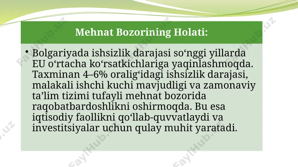 osati inflyatsiyani nazorat ostida ushlab turishga va iqtisodiy barqarorlikka erishishga yordam berdi. 6 xorijiy investitsiyalarni rag‘batlantirish: davlat siyosati va investorlar uchun qulay sharoitlar (masalan, sarmoya soliq imtiyozlari, tezkor biznes yuritish protseduralari) xorijiy sarmoyalarni jalb qilishda muhim rol o‘ynaydi. 7 sanoat va xizmatlar sohasidagi diversifikatsiya: sanoat, qishloq xo‘jaligi, it va turizm kabi sohalarning diversifikatsiyasi iqtisodiy salohiyatni oshirib, risklarni kamaytiradi. 8 innovatsiyalar va texnologik modernizatsiya: raqamli texnologiyalar va it sohasidagi yutuqlar, ayniqsa outsourcing va dasturiy ta’minot ishlab chiqarish, mamlakat iqtisodiyotining global raqobatbardoshligini oshirdi. 9 tashqi savdo va logistika infratuzilmasining rivojlanishi: zamonaviy transport va logistika tizimlari, eu bozoriga kirish imkoniyati va savdo sheriklari bilan mustahkam aloqalar eksport salohiyatini oshiradi hamda import jarayonlarini optimallashtiradi. 10 eu grantlari va investitsion fondlardan foydalanish: eu struktural fondlari va investitsiya dasturlari orqali amalga oshirilayotgan loyihalar infratuzilmani yaxshilash, innovatsion loyihalarni qo‘llab-quvvatlash va iqtisodiy barqarorlikni ta’minlashda katta hissa qo‘shadi. image2.jpeg image3.jpeg image4.jpeg