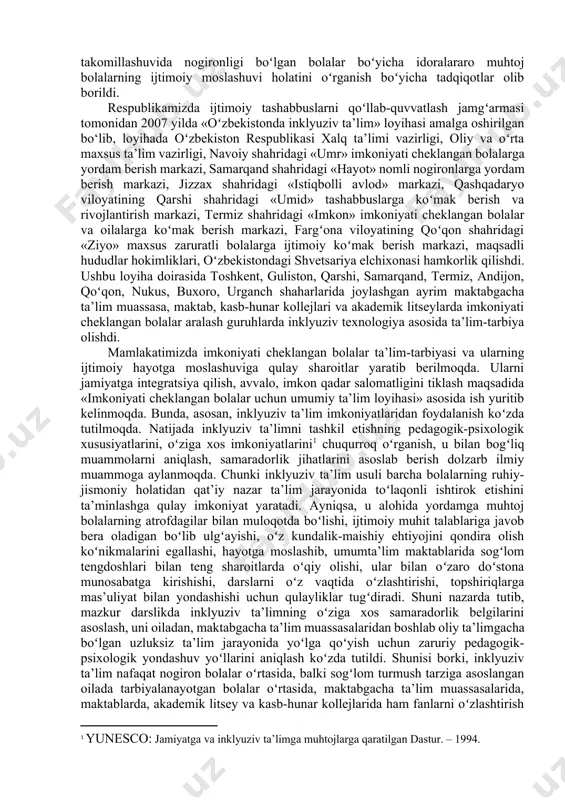 etilgan korreksion-pedagogik, psixologik hamda tibbiy ishlar bolaning birlamchi nuqsonini kamaytirib, ikkilamchi nuqsonlarning oldini olishga yordam beradi. bularning hammasi rivojlanishida nuqsoni boʻlgan bolani mustaqil, hech kimga qaram boʻlmagan holda hayot kechirishga tayyorlash omillaridir. bolalarning ijtimoiy reabilitatsiyasi (tiklash) va ijtimoiy adaptatsiyasi (moslashuvi)-bu nafaqat qalbdagi sifatlarni, balki yangi texnologiya va innovatsiyalarning paydo boʻlishi bilan tadrijiy rivojlanib boradigan bu nozik sohada professional yondashuvni talab qiladigan sermashaqqat mehnatdir. bu sohaning takomillashuvida nogironligi boʻlgan bolalar boʻyicha idoralararo muhtoj bolalarning ijtimoiy moslashuvi holatini oʻrganish boʻyicha tadqiqotlar olib borildi. respublikamizda ijtimoiy tashabbuslarni qoʻllab-quvvatlash jamgʻarmasi tomonidan 2007 yilda «oʻzbekistonda inklyuziv ta’lim» loyihasi amalga oshirilgan bo‘lib, loyihada oʻzbekiston respublikasi xalq ta’limi vazirligi, oliy va oʻrta maxsus ta’lim vazirligi, navoiy shahridagi «umr» imkoniyati cheklangan bolalarga yordam berish markazi, samarqand shahridagi «hayot» nomli nogironlarga yordam berish markazi, jizzax shahridagi «istiqbolli avlod» markazi, qashqadaryo viloyatining qarshi shahridagi «umid» tashabbuslarga koʻmak berish va rivojlantirish markazi, termiz shahridagi «imkon» imkoniyati cheklangan bolalar va oilalarga koʻmak …