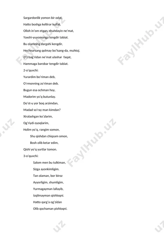 r tomon. 3-o’quvchi: salom men bu tulkiman, sizga ayonkimligim. tan olaman, bor biroz ayyorligim, shumligim, yurmagayman lallayib, izqilmayman qishloqni. hatto qarg’a og’zidan olib qochaman pishloqni. yo’ldagi bo’g’irsoqni, tushirgayman paqqos man. tutqich bermay qochishda, uddaburon raqqosman. boshlovchi sahnaga chiqadi: bugungi “mantiq bilimdonlari” intelektual o’yinining ishtirokchilari bilan tanishibolamiz. 10-sinf jamoasi ishtirokchilari: _____________________________________ _____________________________________ _____________________________________ ______________________________________ 9-sinf jamoasi ishtirokchilari: _____________________________________ _____________________________________ _____________________________________ ______________________________________ 8-sinf jamoasi ishtirokchilari: _____________________________________ _____________________________________ _____________________________________ ______________________________________ “mantiq bilimdonlari intelektual o’yinini boshlash uchun davraga biologiya fani o’qituvchisi yitboyeva nasibaxon ustozni taklif qilamiz. o’qituvchi: assalomu alaykum hurmatli ustozlar va o’quvchilar! barcha ishtirokchilarga omad tilagan holda birinchi savolni o’qib eshittiraman. 1-savol:ingliz fermerlari sigirlarga ko’proq tuz berish samarali ekanligini aniqlashgan. tuzning qanday foydasi bo’lishi mumkin deb o’ylaysiz? o’ylash uchun bir daqiqa vaqt beriladi. birqdaqiqadan keyin javoblar qabul qilinadi. javob: tuz yegan sigirlar ko’p suv ichadi, ko’p suv ichsa ko’p sut beradi. bu savol plazmoliz va deplazmoliz hodisasiga asoslangan. 2-savol: uni italiyada “shaytonolmasi” deb …