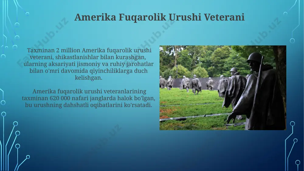shdan keyingi rekonstruktsiya davrida, janubdagi 4 million qora tanli qullar ozod qilindi, bu esa demografiya va ijtimoiy munosabatlarning keskin o'zgarishiga olib keldi, yangi ijtimoiy qatlamlar paydo bo'ldi. vatanparvarlik va milliy g'oya urushdan keyin, taxminan 100 000 ga yaqin faxriylar nogiron bo‘lib qolgan va ularga davlat tomonidan pensiya va tibbiy yordam kabi ijtimoiy ta'minot choralari zarur edi. urushdan so‘ng, konfederatsiya faxriylari va ittifoq faxriylari o‘rtasidagi munosabatlar ancha murakkab bo‘lib, milliy birlikka erishish uchun o‘nlab yillar kerak bo‘ldi. bu jarayon davlat siyosatida ham aks etdi. e'tiboringiz uchun rahmat @taqdimot_robot image3.jpg image4.jpg image5.jpg image6.jpg image7.jpg image8.jpg image9.jpg image10.jpg image11.jpg image12.jpg image13.jpg image14.jpg image15.jpg image16.jpg image17.jpg image18.jpg image19.jpg image2.png