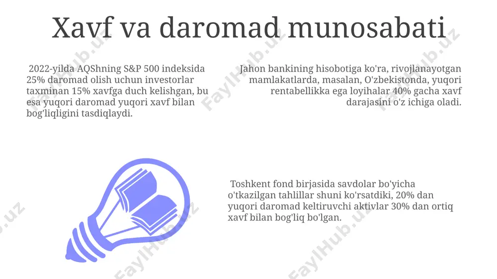 omonidan tavsiya etiladi. monte-karlo simulyatsiyasi, masalan, 1000 ta stsenariyni modellashtirib, turkiyadagi investitsiya loyihasining mumkin bo'lgan daromadlarini va xavfini aniqroq hisoblash imkonini beradi, xatolik darajasini 5% ga kamaytiradi. xavfni boshqarish strategiyasi тошкент фонди бозоридаги инвестициялар учун диверсификациялаш стратегияси 20% дан ортиқ фойда келтириши мумкин, бироқ 10% гача зарар кўриш хавфи ҳам мавжуд. портфелнинг 30%ини паст хавфли давлат облигацияларига, 70%ини эса ўртача хавфли акцияларга жойлаштириш стратегияси россия ва хитой бозорларида синовдан ўтказилган. мутахассисларнинг тахминига кўра, 2024 йилда активларни бошқариш стратегиясини оптималлаштириш орқали йиллик фойдани 5-7% га ошириш мумкин бўлади. bozor xavfi va tizimli xavf 1998-yilgi rossiya moliyaviy inqirozi bozor xavfini namoyish etdi, bu yerda global investitsiyalar 20% dan ortiq qiymat yo'qotdi, bu tizimli xavfning mamlakat chegaralaridan tashqariga tarqalishini ko'rsatadi. tizimli xavfni baholashda, masalan, s&p 500 indeksi kabi bozor indekslarining o'zgaruvchanligi 10% dan ortiq bo'lsa, bu aqsh iqtisodiyotidagi tizimli muammolarni ko'rsatishi mumkin. diversifikatsiya bozor xavfini kamaytirishi mumkin bo'lsa-da, global miqyosdagi voqealar, masalan, 2008 …