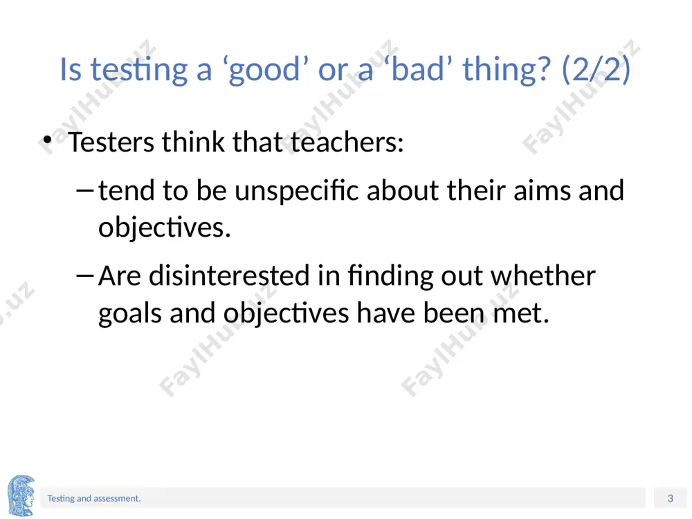 erformance feedback, diagnosis and prescription recommendations rather than a pass/fail decision. students engage in a systematic review of their progress and achievement, usually for the purpose of improvement. it may involve comparison with an exemplar, success criteria, or other criteria. it may also involve critiquing one's own work or a description of the achievement obtained. ‹#› testing and assessment. other forms of assessment? (2/2) peer assessment occurs when students judge one another's work on the basis of reference criteria. this can occur using a range of strategies. the peer assessment process needs to be taught and students need to be supported by opportunities to practice it regularly in a supportive and safe (classroom) environment. ‹#› testing and assessment. does assessment include testing? yes, it does. testing is a particular kind of assessment which focuses on eliciting a specific sample of performance. the implication of this is that in designing a …