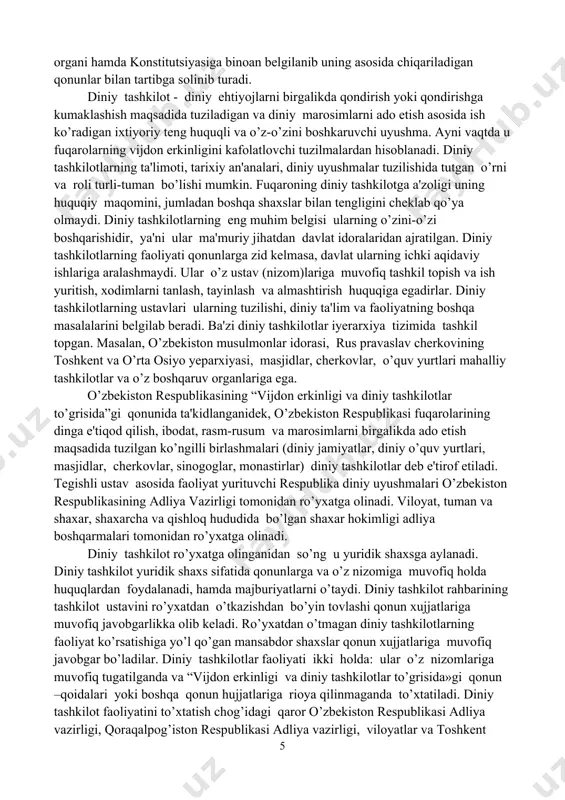 imoiy ta’minlanish va sug’urta qilish xizmatlaridan foydalanadilar. umumiy asosda pensiya olish huquqiga egalar. qonunning oxirgi 23-moddasida «vijdon erkinligi va diniy tashkilotlar to’g’risida»gi qonunni buzgan kishilar qonun oldida javob berishlari ko’rsatilgan. konstitutsiyada hurfikrlilik, vijdon va diniy e’tiqod erkinligi masalalariga katta e’tibor berilgan. unda dinning tarbiyaviy ahamiyatiga yanada ko’proq e’tibor berilishi lozimligi ko’rsatilgan. o’zbekiston respublikasida ijtimoiy hayot siyosiy institutlar, mafkuralar va fikrlarning xilma-xilligi asosida rivojlanadi. uning hududida 15 ta diniy konfessiya vakillari istiqomat qiladilar. yuqoridagi qonunda keltirilganidek, ular konstitutsiya oldida huquq va majburiyat yuzasidan tengdirlar. konstitutsiyaning 12-moddasida ta’kidlanishicha, hech qanday mafkura davlat mafkurasi sifatida o’rnatilishi mumkin emas. shunga ko’ra hech qanday konfessiya boshqalaridan ustun deb qaralishi yoki ularga o’z ta’sirini o’tkazishga intilishi mumkin emas. dunyoviy davlat bu din davlatdan ajratilgan davlat. binobarin, din dunyoviy davlat ishiga, siyosatiga aralashmaydi. ayni paytda davlat diniy tashkilotlar zimmasiga o’zining hеch qanday vazifasini bajarishni yuklamaydi. ularning davlat qonunlariga zid bo’lmagan faoliyatiga aralashmaydi. dunyoviy davlat – bu o’z …